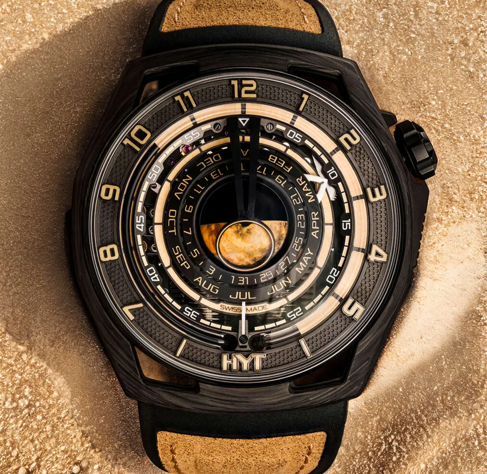 HYT luxury watch with black and gold dial, moonphase display, and black strap, featured in a guide to the best watches under $500.