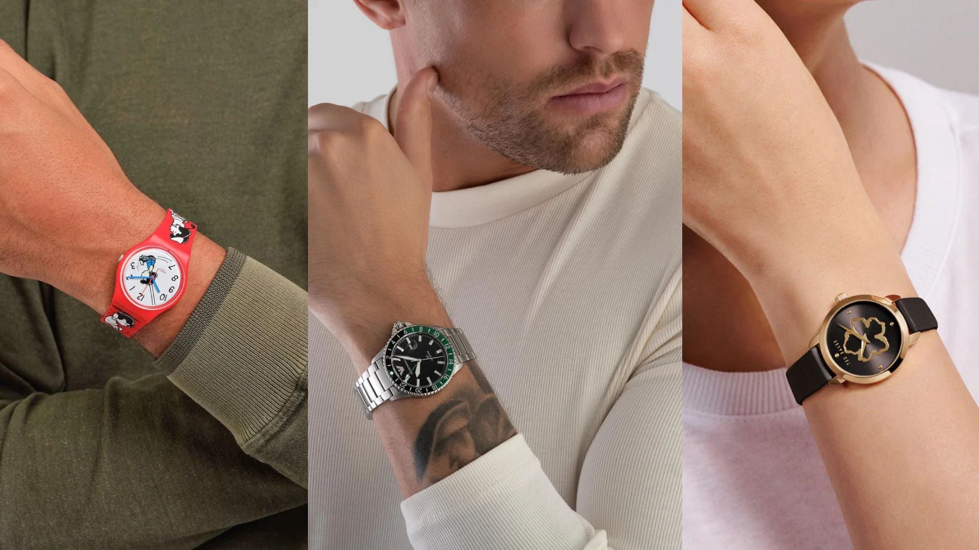 Three wristwatches showcased on different wrists, featuring playful, sporty, and elegant designs.