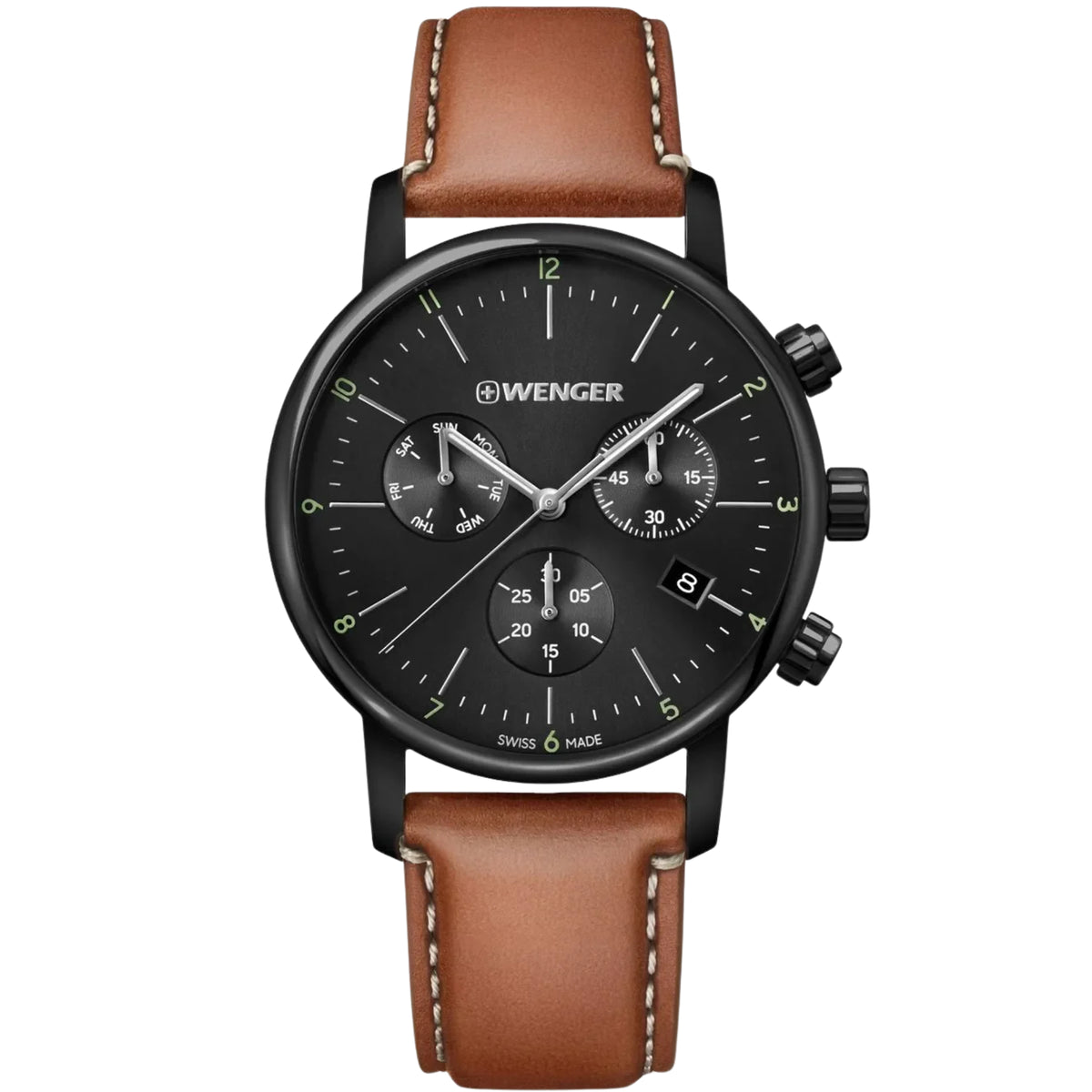 Wenger Urban Classic 01.1743.115 front view of 44mm chronograph black dial mens quartz watch with leather strap