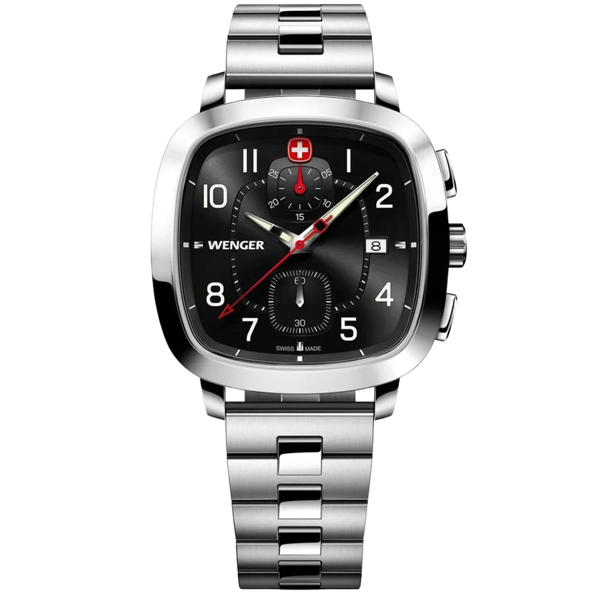 Wenger Vintage Sport 01.1933.109 front view of 39.5mm black dial mens quartz watch with sub-dials and steel bracelet