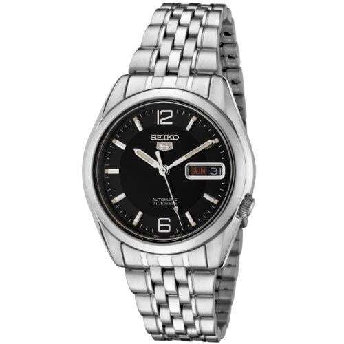 Seiko 1-5 Herren Automatik Analog Schwarzes Zifferblatt Stahlarmband Herren Uhr SNK393K