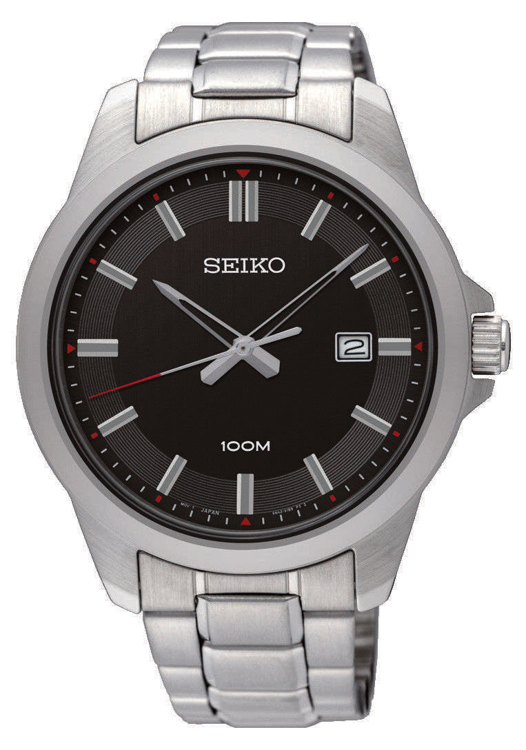 Seiko Edelstahl Herrenarmbanduhr mit schwarzem Zifferblatt SUR245P1