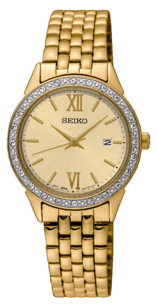 Seiko PVD vergoldete Damenarmbanduhr mit Diamantlünette