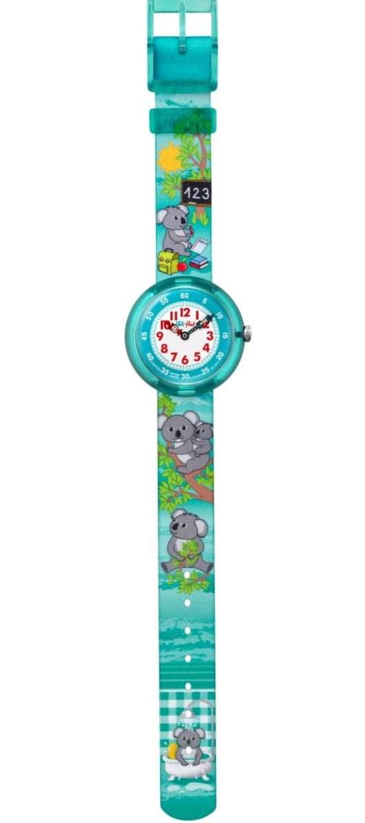 Flik Flak Koala in der Schule Blauer Kunststoffgehäuse Blauer Textilarmband Kinder Jungen Uhr FBNP026