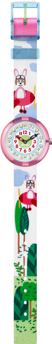 Flik Flak Hopp on a Plane Kinder Mädchen Grüner Textilarmband Pinkes Kunststoffgehäuse Hund Uhr FBNP104