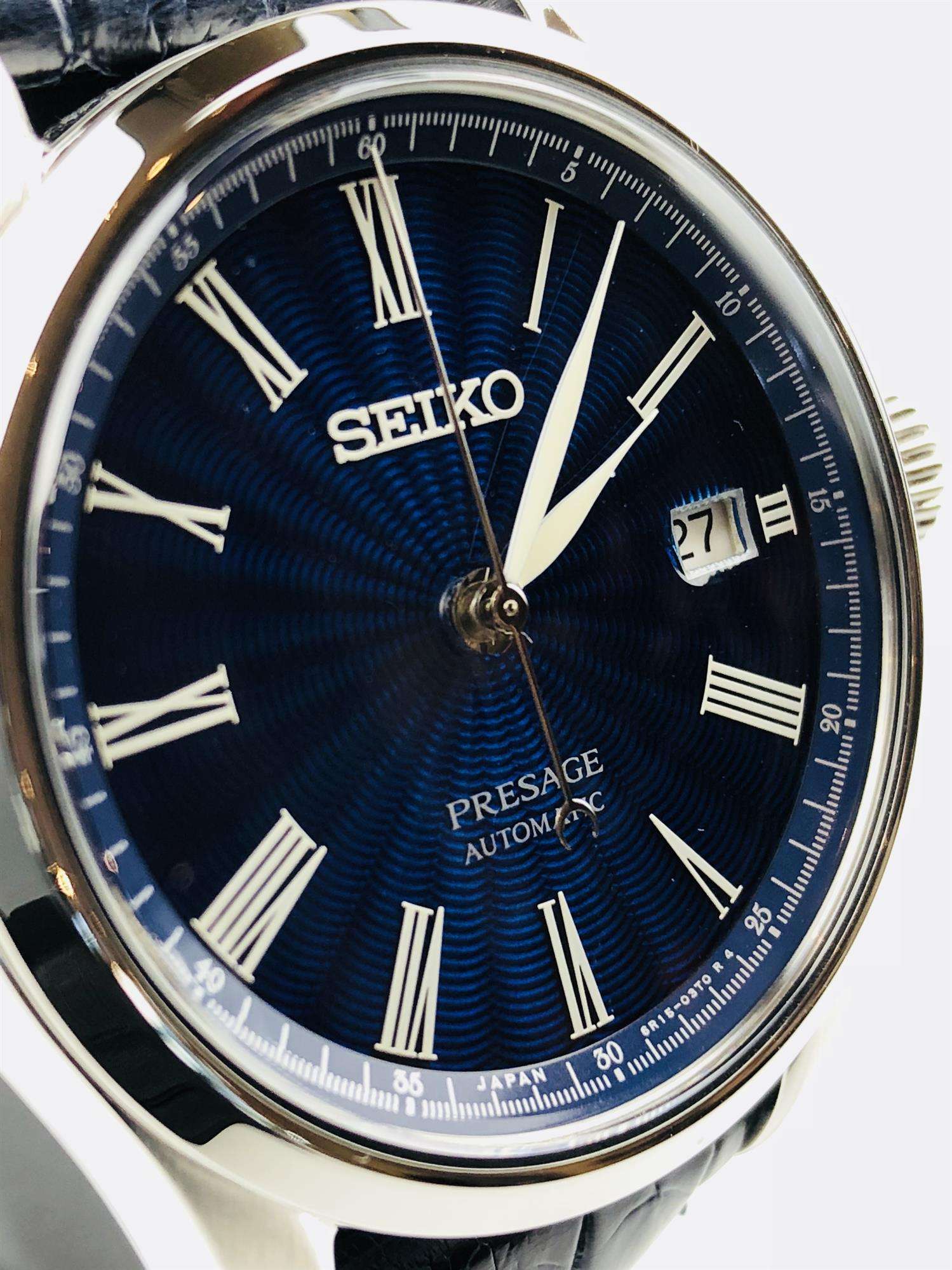 Seiko Presage The Shippo Enamel silbernes Stahlgehäuse, blauer Krokodillederarmband, limitierte Auflage, automatische blaue Zifferblatt Herren Uhr SPB075J1