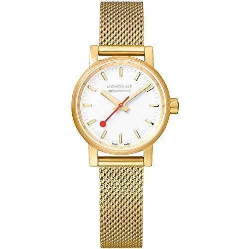 Mondaine evo2 Petite goldplattiertes Edelstahlgehäuse/Mesh-Armband weißes Zifferblatt Damen Uhr MSE.26111.SM