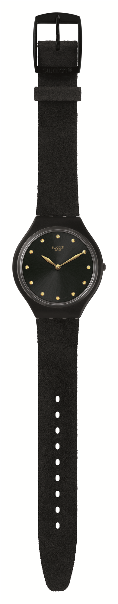 Swatch Skinora Gehäuse schwarzes Lederarmband schwarzes Zifferblatt Damen Uhr SVOB107