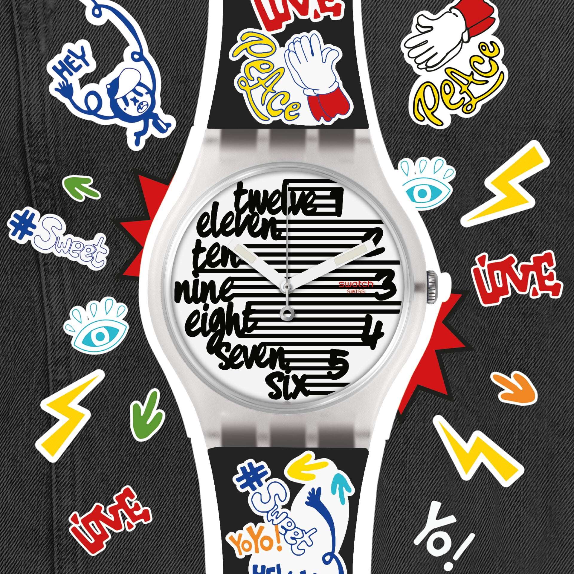 Swatch Streety weißes Kunststoffgehäuse schwarzes Silikonarmband weißes Zifferblatt Uhr SUOW157