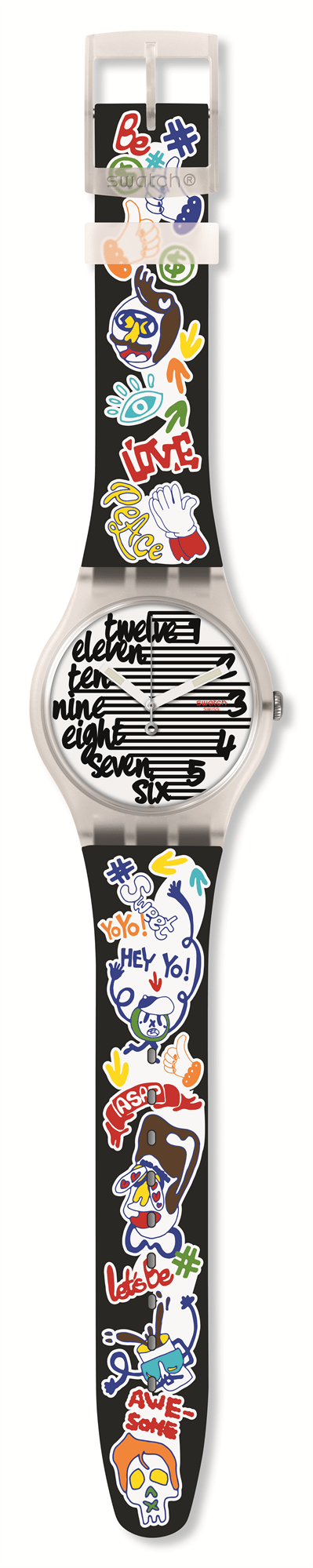 Swatch Streety weißes Kunststoffgehäuse schwarzes Silikonarmband weißes Zifferblatt Uhr SUOW157