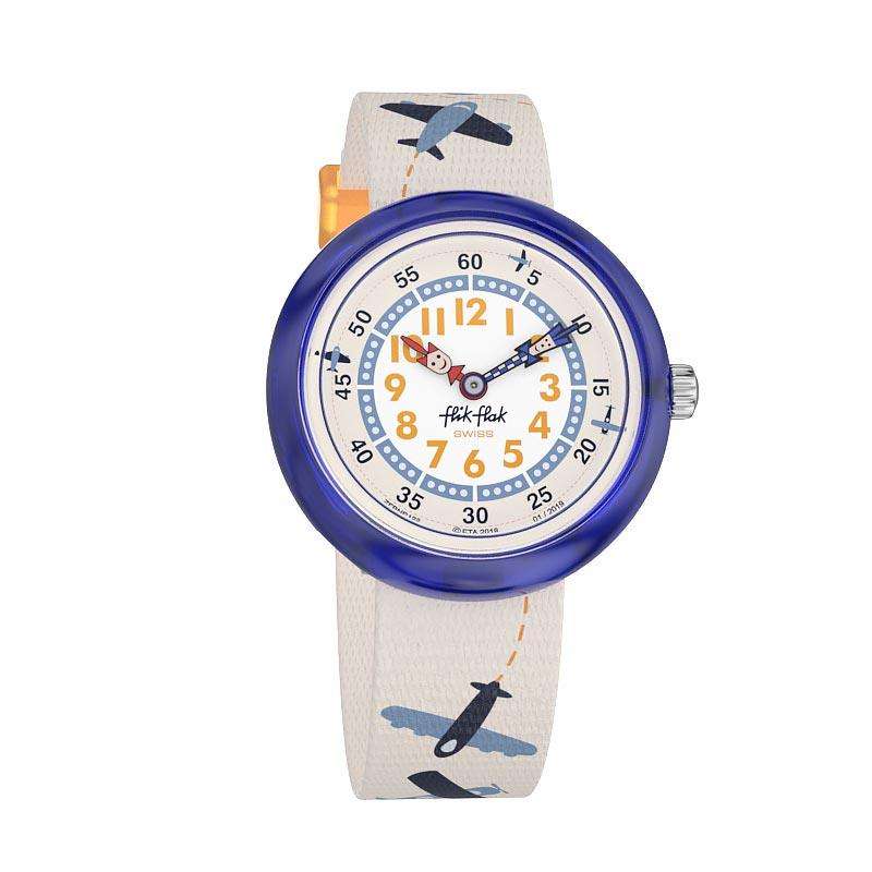 Flik Flak Loopiloop Brauner Flugzeugbedruckter Armband Kinderuhr FBNP122