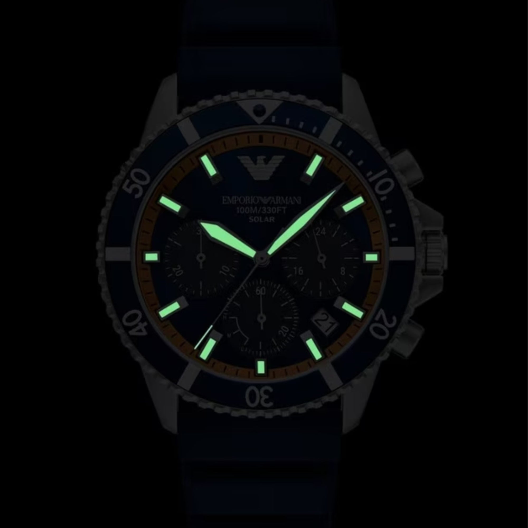Emporio Armani World Explorer 43mm Chronograph Blue Dial Silicone Mens Solar Watch AR11696