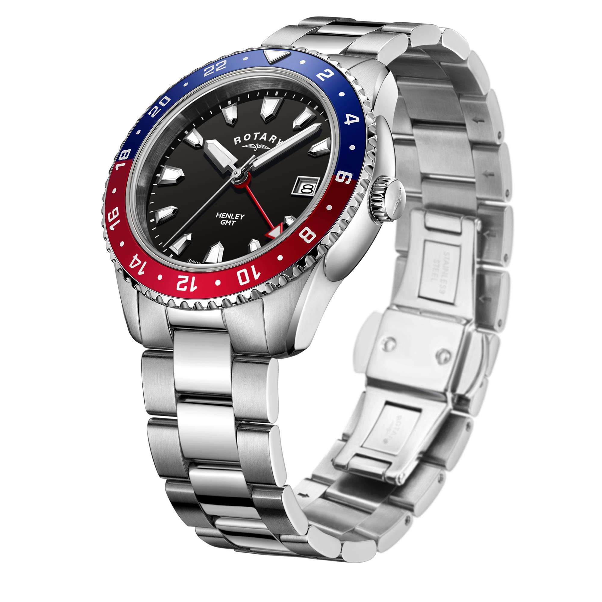 Rotary GMT Henley Edelstahl 'Pepsi Zifferblatt' Herren Uhr GB05108/30