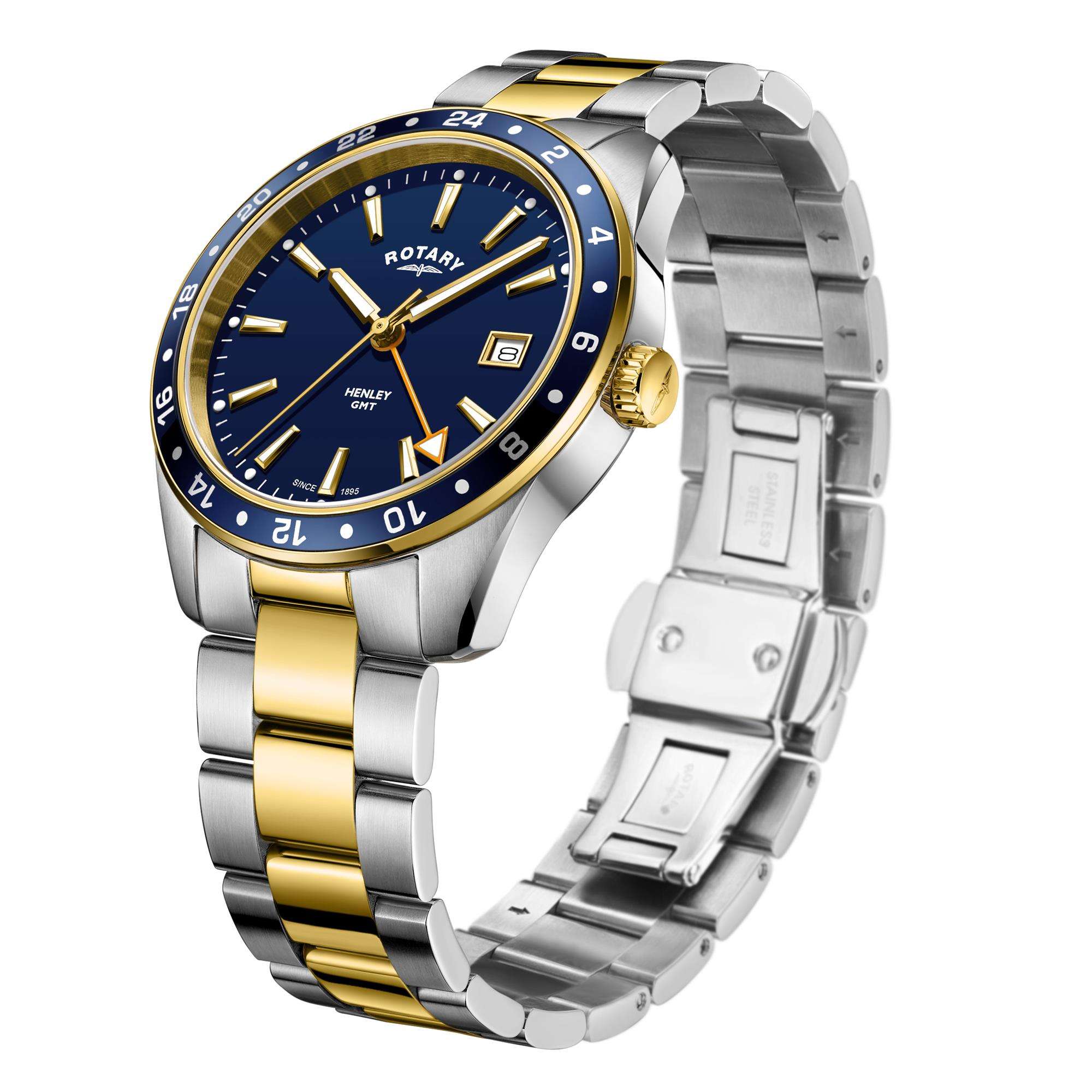 Rotary GMT Henley Zweifarbig Edelstahl Blaues Zifferblatt Herren Uhr GB05296/05
