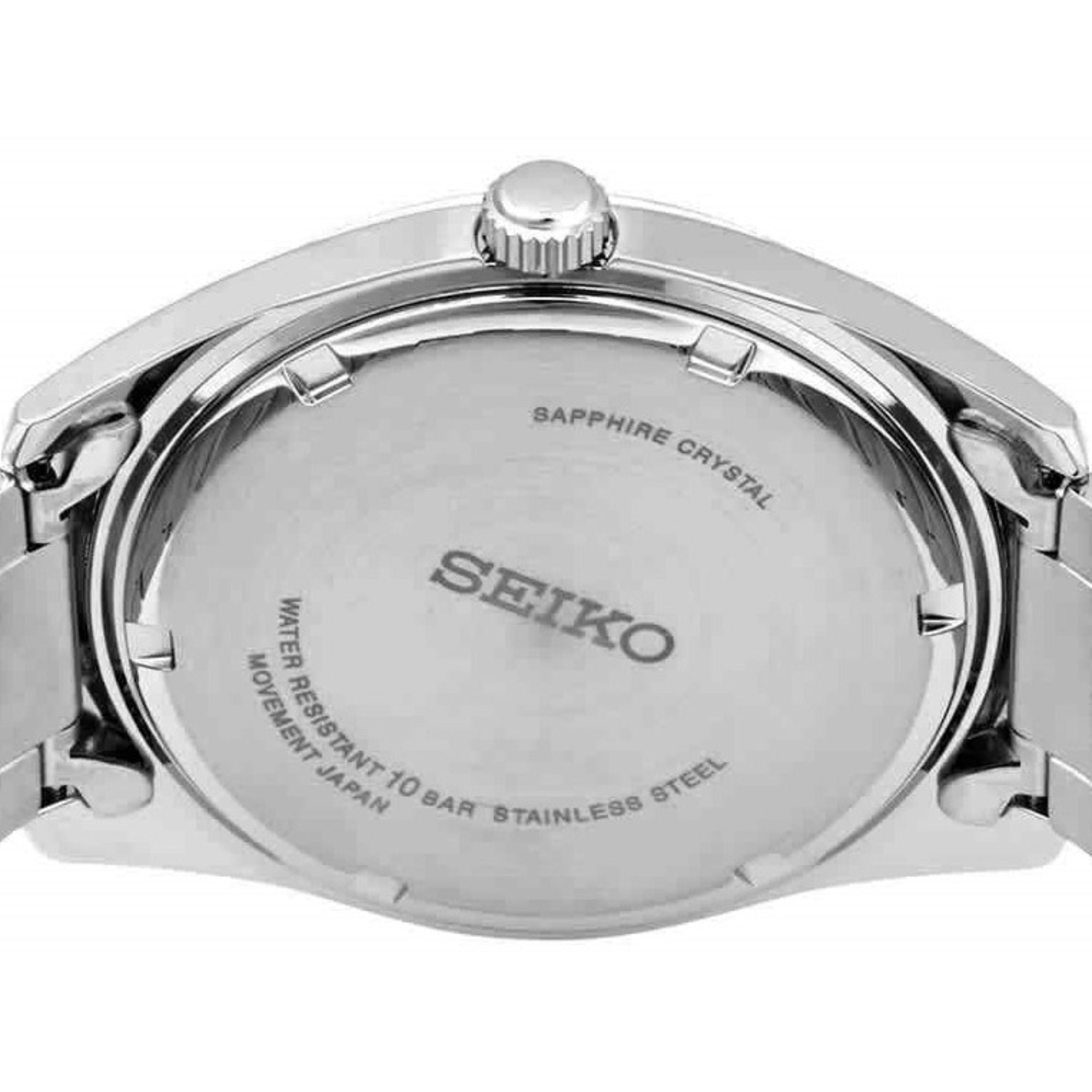 Seiko SUR307P1 stainless steel watch showing full caseback