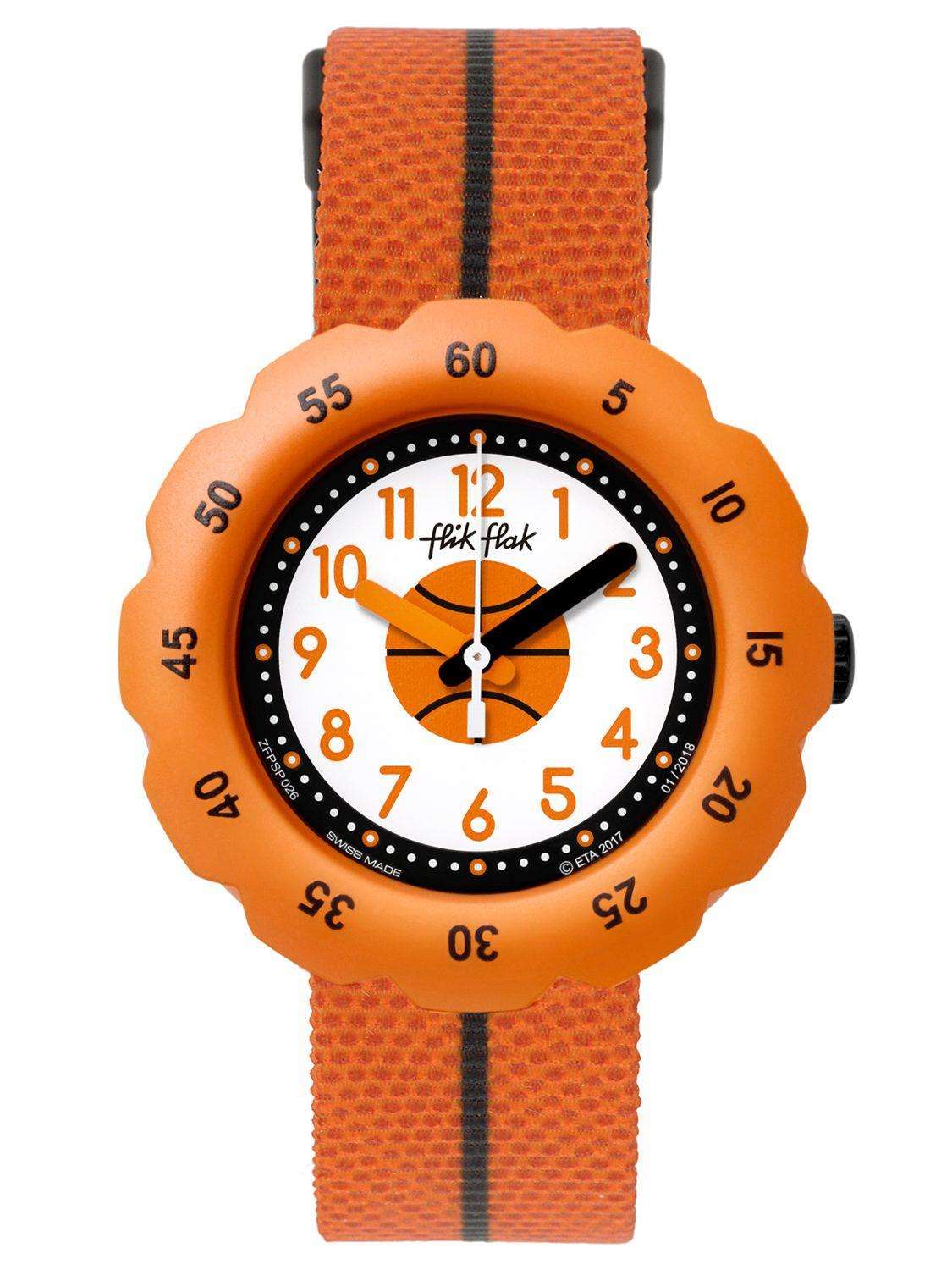 The Watch: Flik Flak Dribble Kids' Watch FPSP026This Flik Flak Dribble Kids' Watch (FPSP026) is ready for the court, with a textured fabric strap designed to look like a basketball. Key Features:Quartz MovementFabric StrapResin CaseWater Resistant to 30m The Brand: Flik FlakFlik Flak are the world’s favourite children’s watches. Founded in 1987, the brand is a division of the Swatch group, with its use of the brother and sister pairing of Flik and Flak throughout the collection ensuring that learn