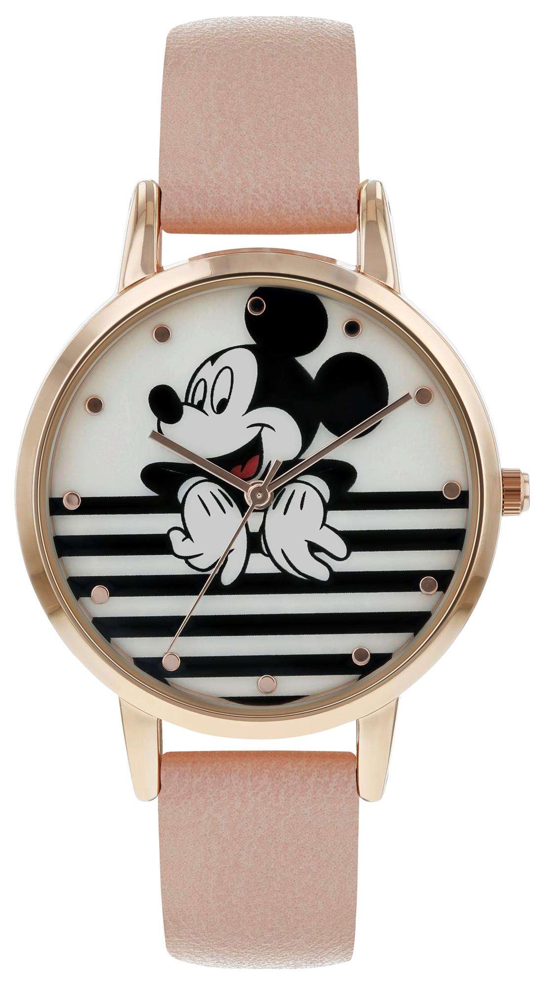 Disney Mickey Mouse Quarz Rosa Lederarmband Gold PVD Gehäuse Mädchen Uhr