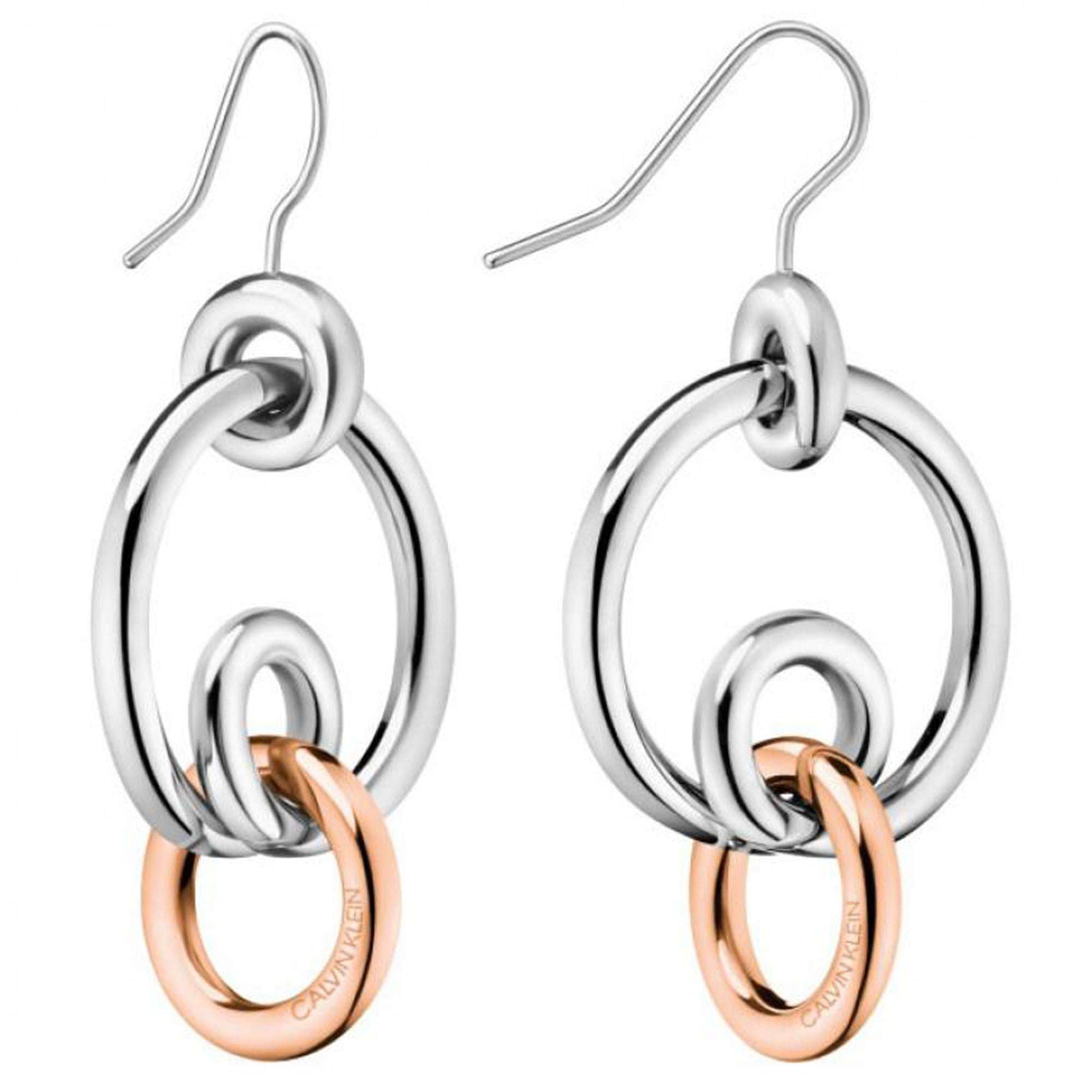 Calvin Klein Two Tone Silver Rose Gold Stainless Steel Earrings KJ9PPE200200This Calvin Klein Two Tone Silver Rose Gold Stainless Steel Earrings KJ9PPE200200 is a perfect piece of jewellery for the ladies. The earrings are made from stainless steel with a two tone silver and rose gold PVD plating. The pendant compromises of four rings interlocked with each other, with the Calvin Klein logo engraved on it.Key Features:Clink FamilyTwo Tone Silver Rose GoldStainless Steel MaterialCalvin Klein LogoThe Brand: Ca