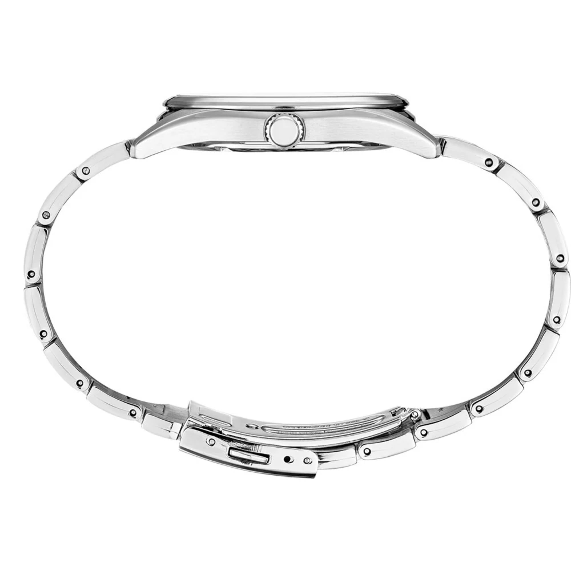 Side view of Seiko Essentials SUR307P1 showing case thickness and stainless steel bracelet