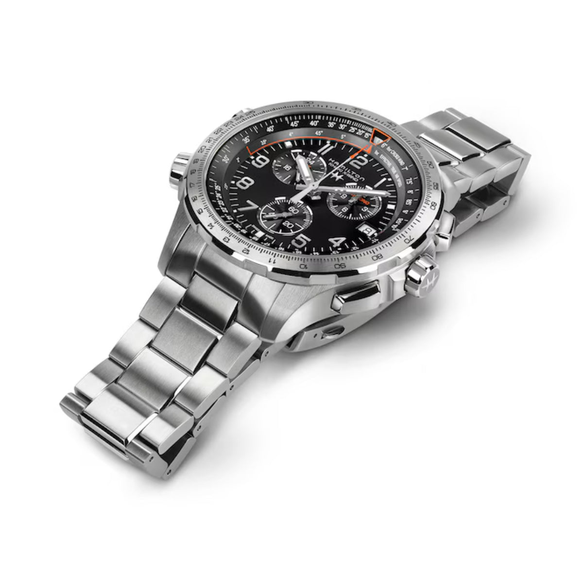 Hamilton Khaki Aviation H77912135 46mm stainless steel case with dual rotating bezels side profile