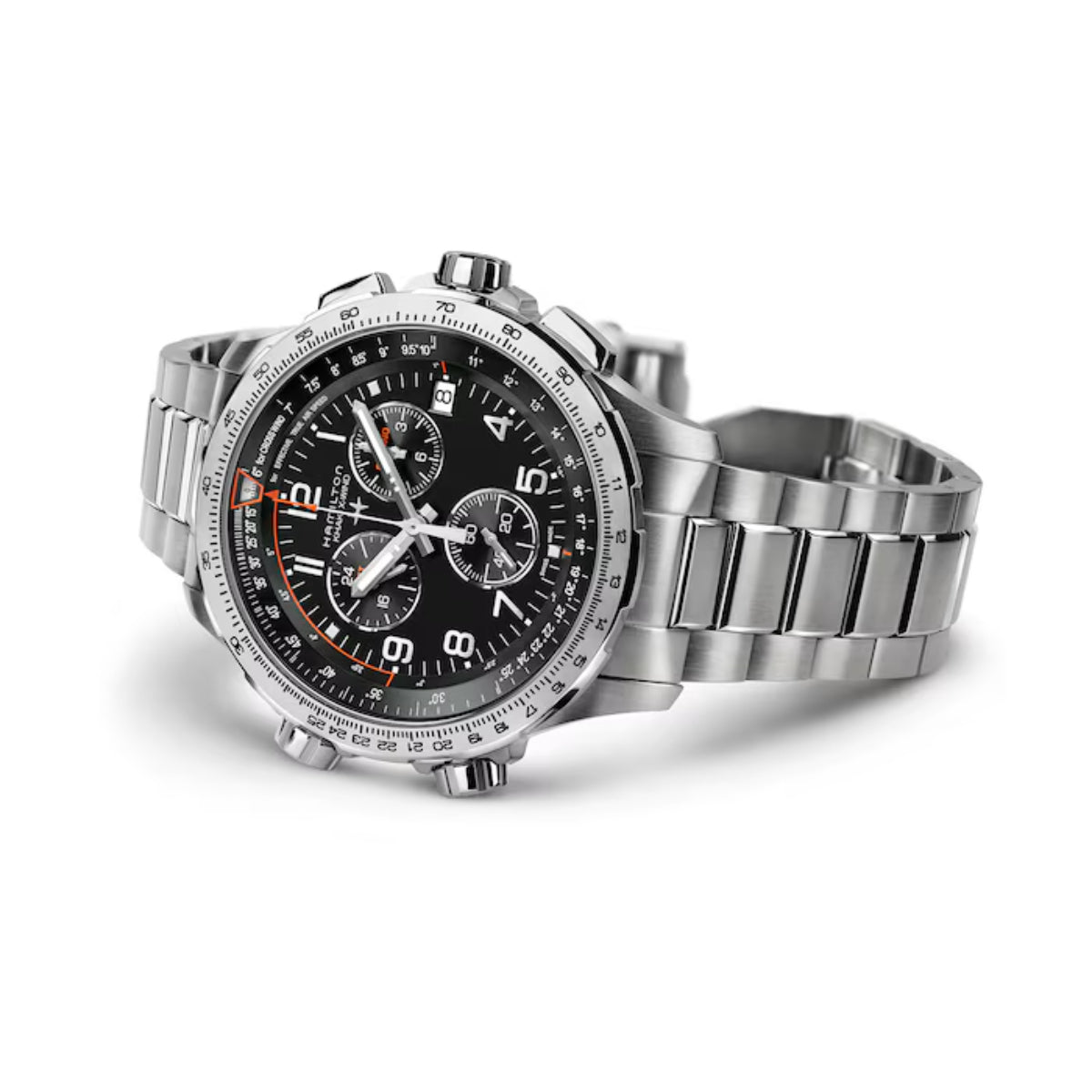 Hamilton Khaki Aviation H77912135 46mm stainless steel case with dual rotating bezels front profile