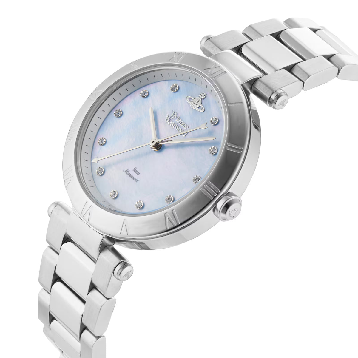 Vivienne Westwood Montagu Quarz Blaues Perlmuttzifferblatt Stahlarmband Damenuhr VV206BLSL