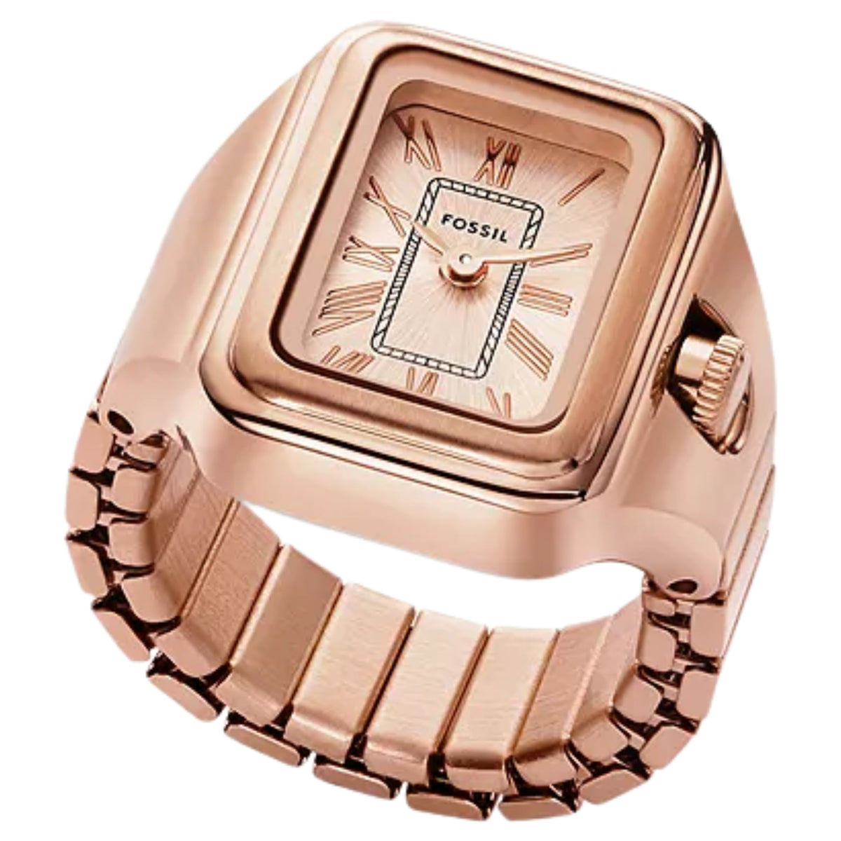 Rose gold-tone square dial wrist watch close-up, Roman numerals and crown detail