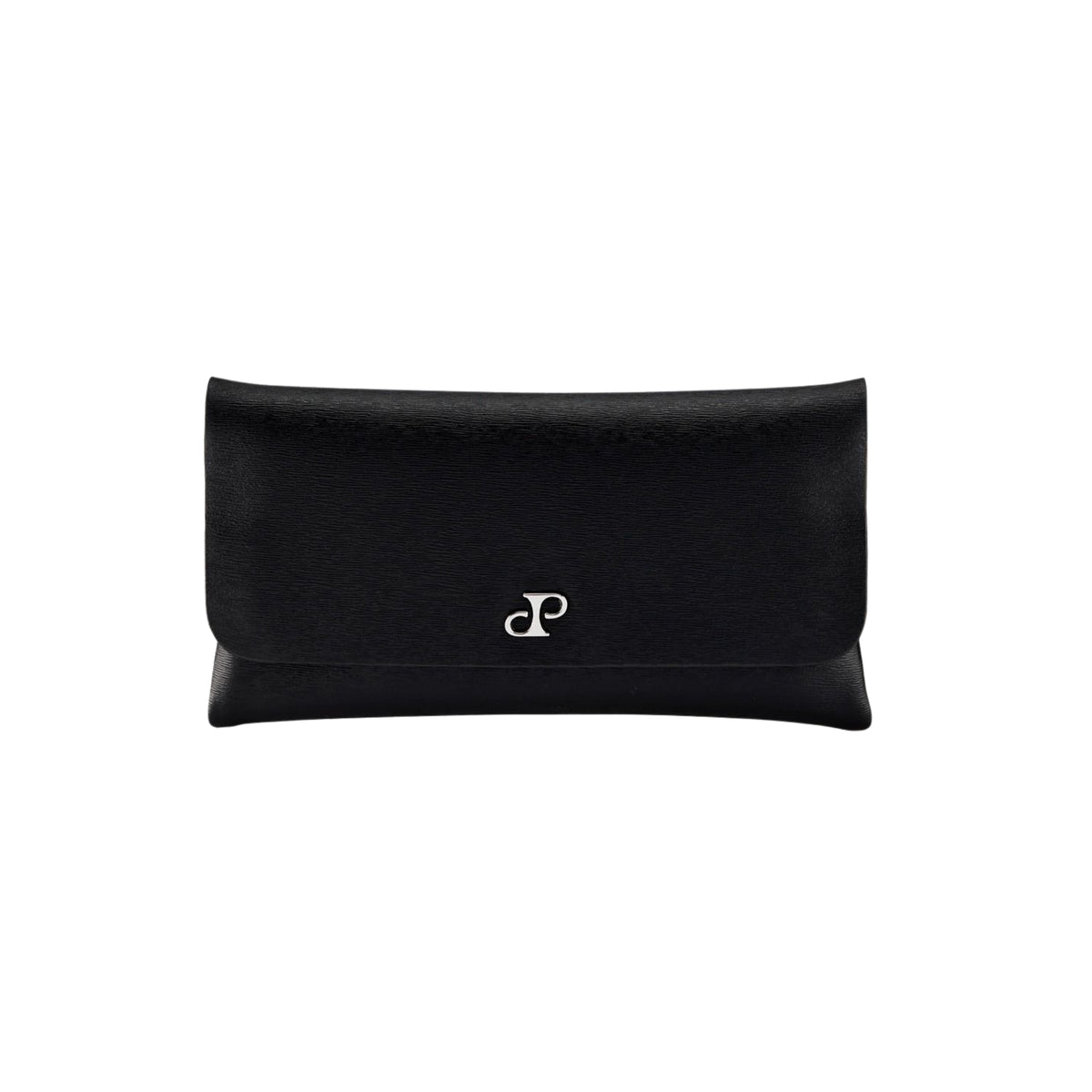 WOLF Philipp 190207 front view of closed black vegan leather double watch wrap pouch with metallic logo hardware