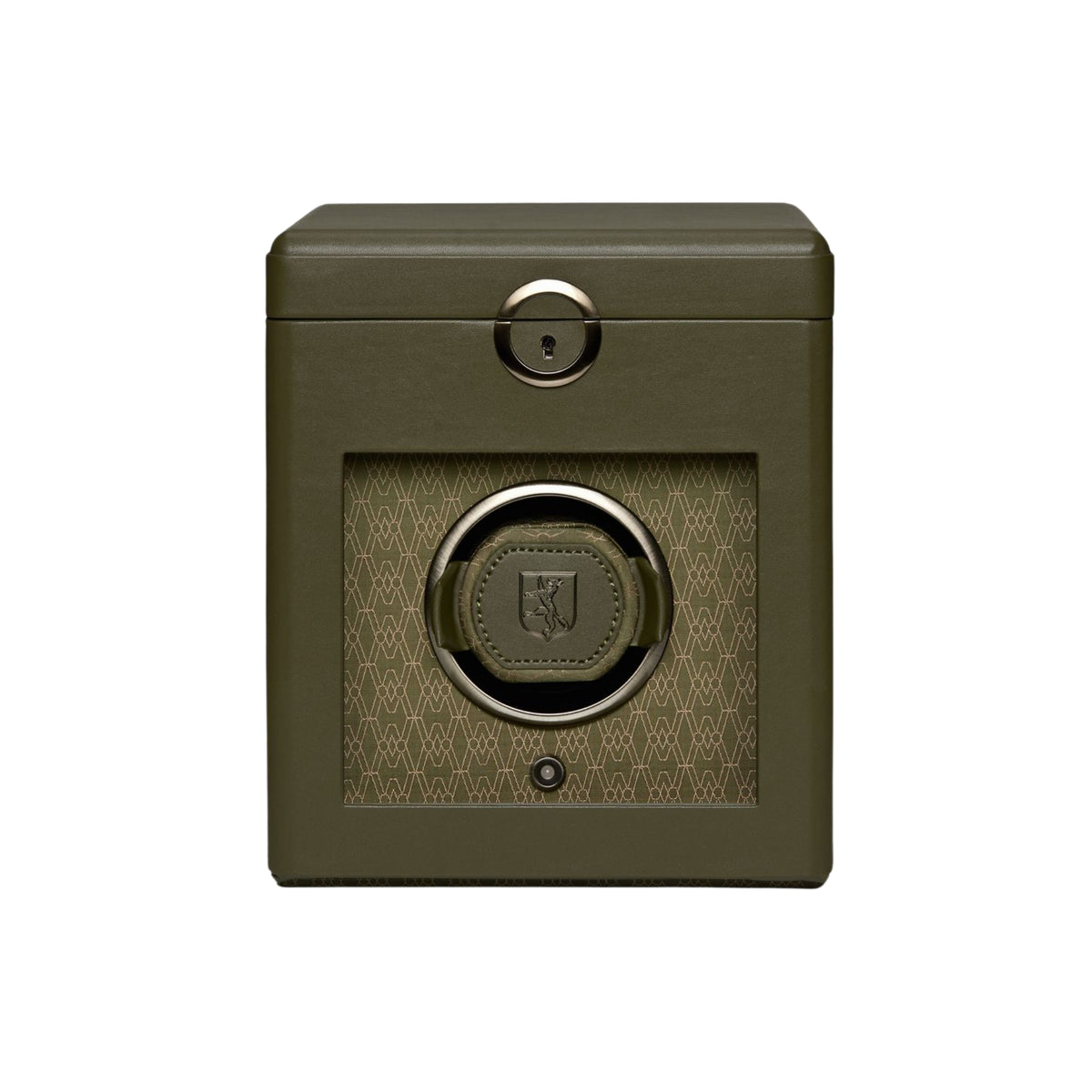 WOLF Earth 190th Anniversary 190341 front view of closed olive single watch winder with glass display panel and metallic lock