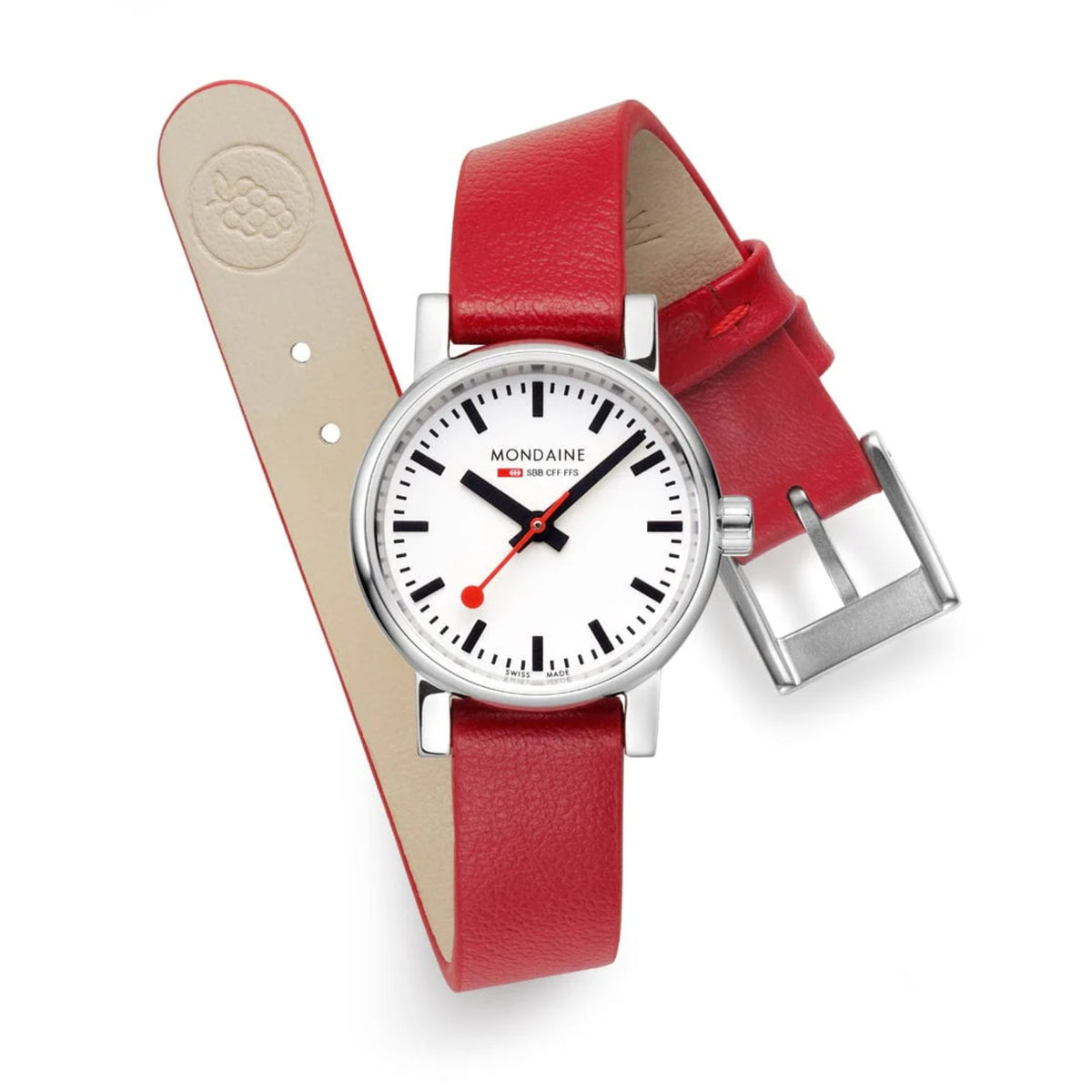 Lay-down view of Mondaine Evo2 MSE.26110.LCV wristwatch displaying the red leather strap and silver pin buckle