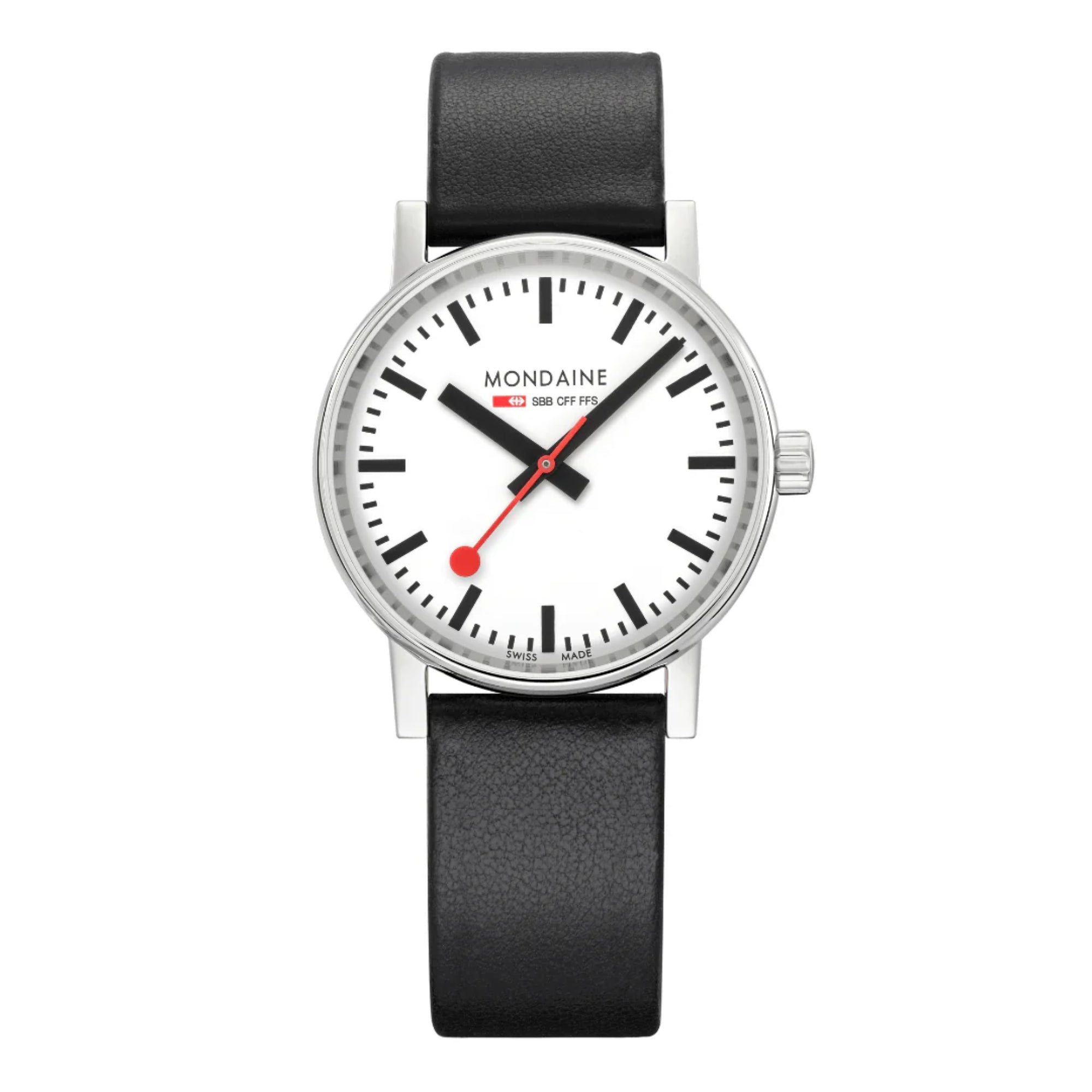 Mondaine evo2 Weißes Zifferblatt Schwarzes Veganes Armband Damen Uhr MSE.35110.LBV