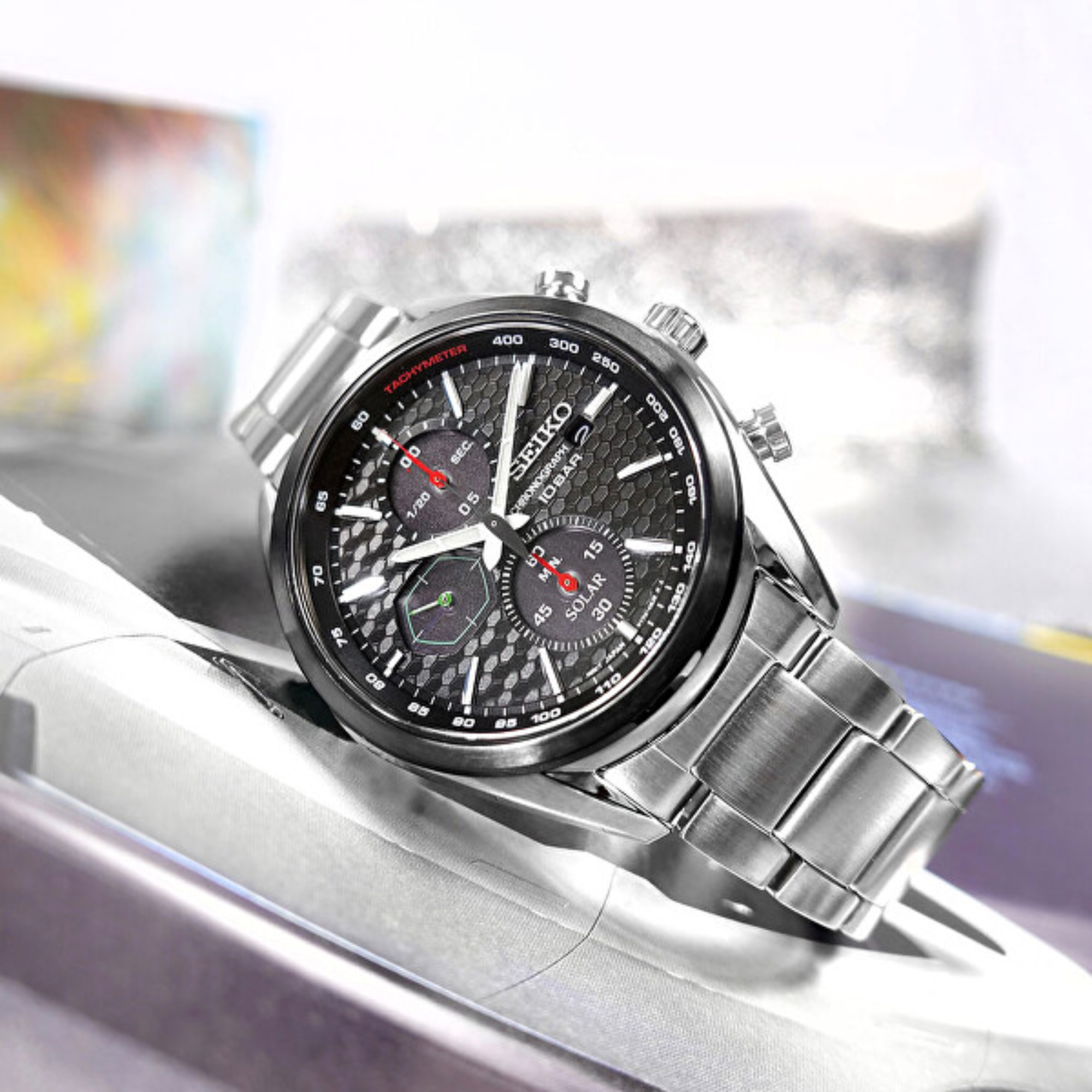 Seiko Conceptual 41,4 mm Solar Chronograph Schwarzes Zifferblatt Stahl Herren Quarz Uhr SSC803P1