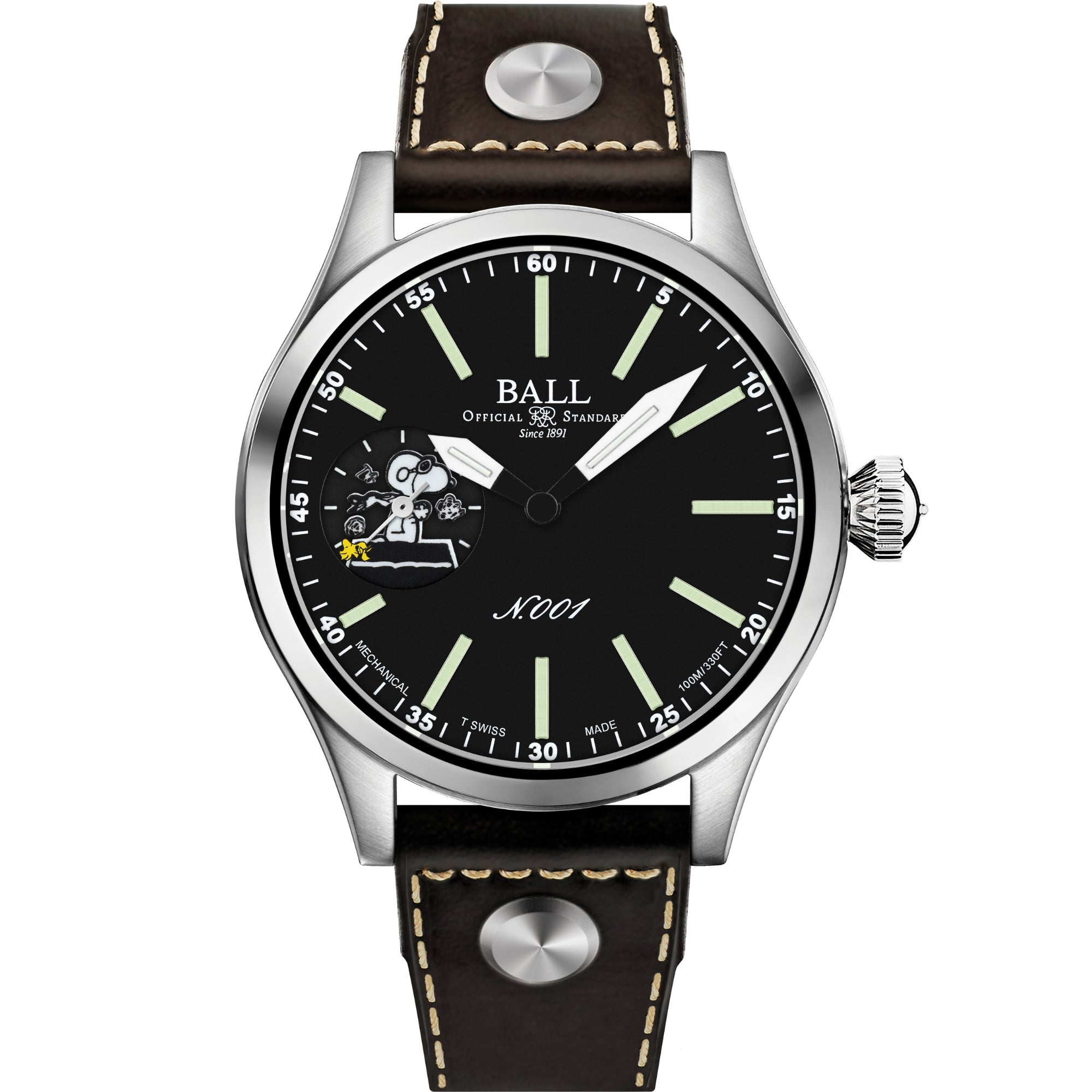 BALL Engineer Master II 46mm Snoopy Flying Ace Limited Edition Black Dial Leather Mens Manual-Wind Watch NM2638C-L2J-BK