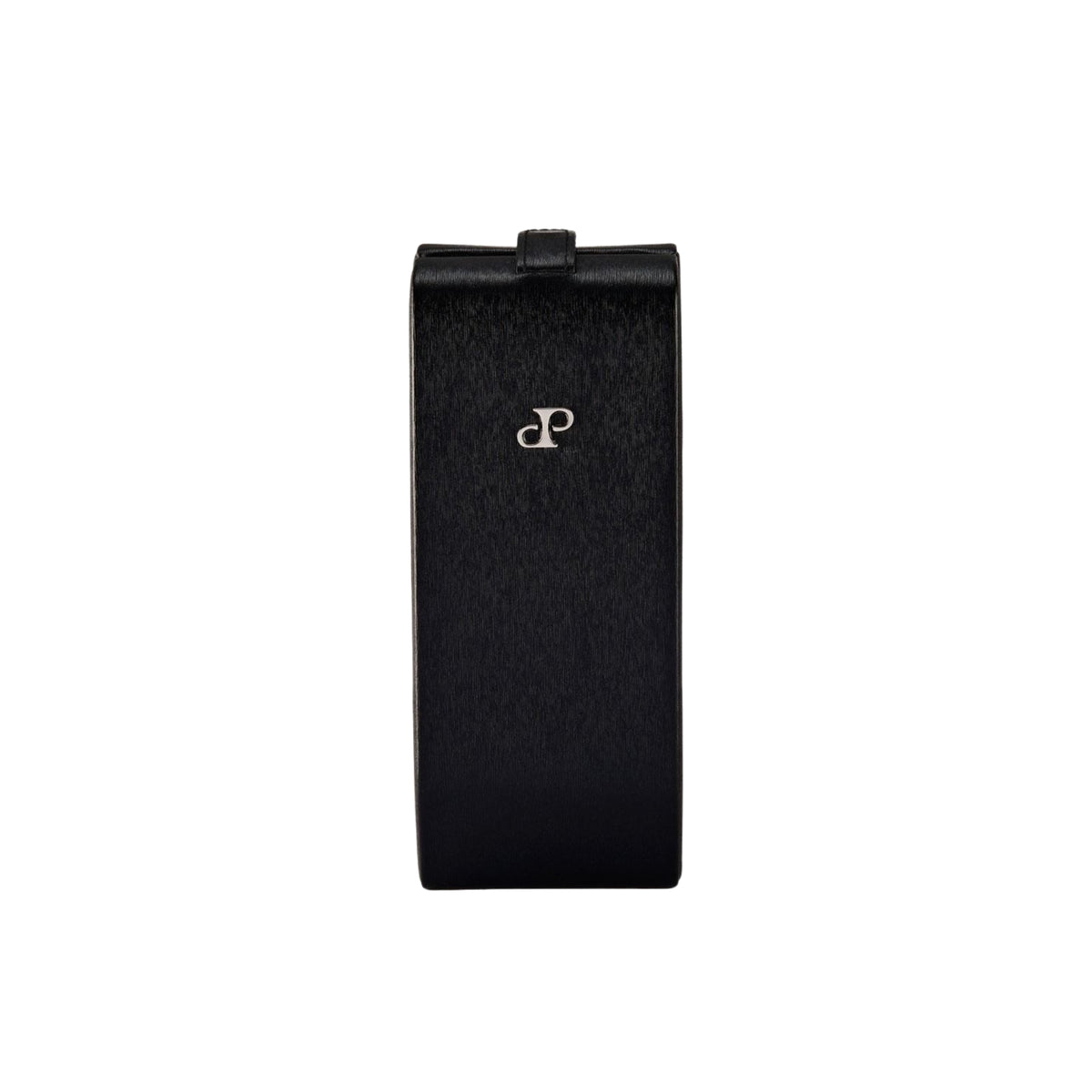 WOLF Philipp 190203 front view of closed black vegan leather single flip watch stand with metal logo emblem