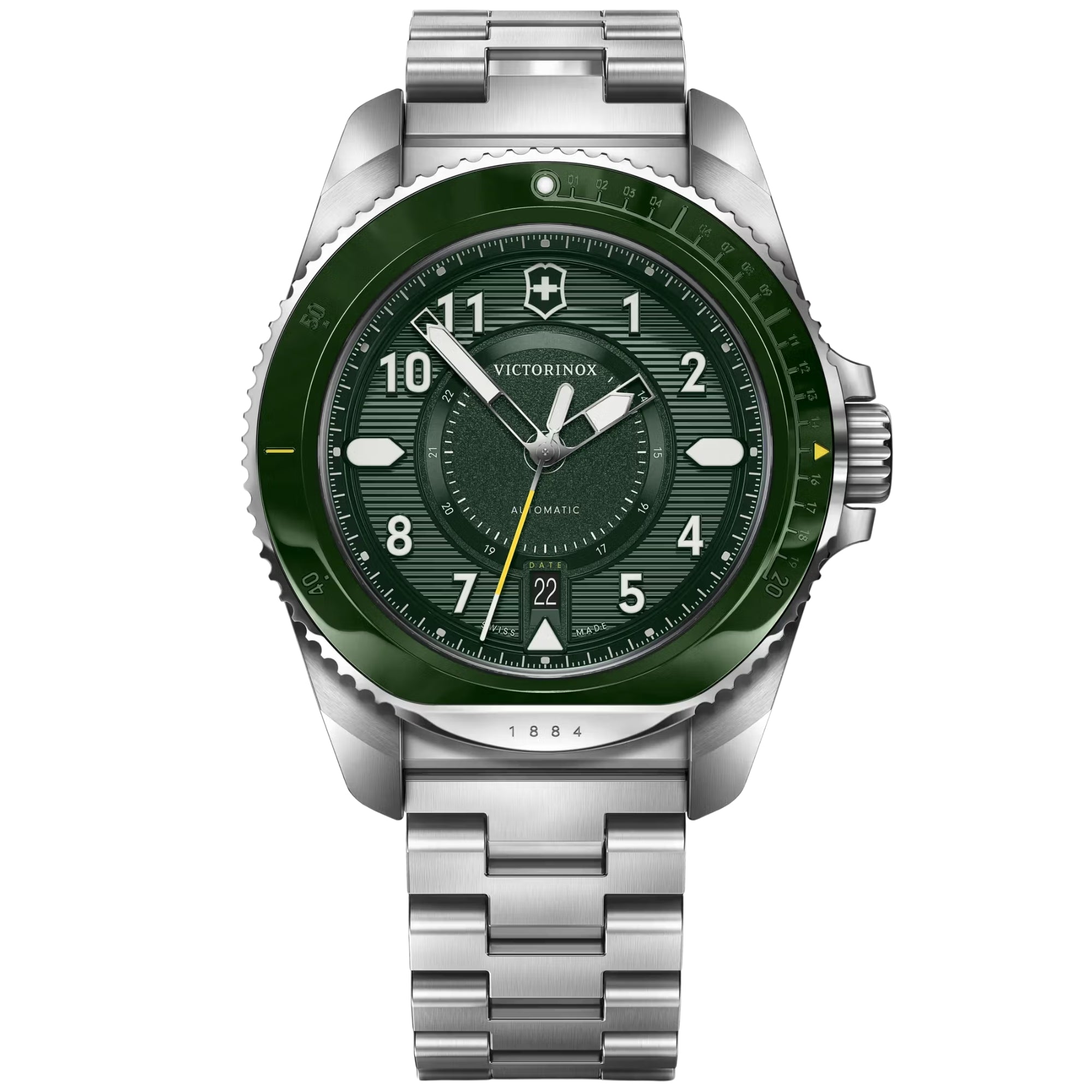 Victorinox Journey 1884 242015 43mm green dial automatic watch with stainless steel bracelet front view