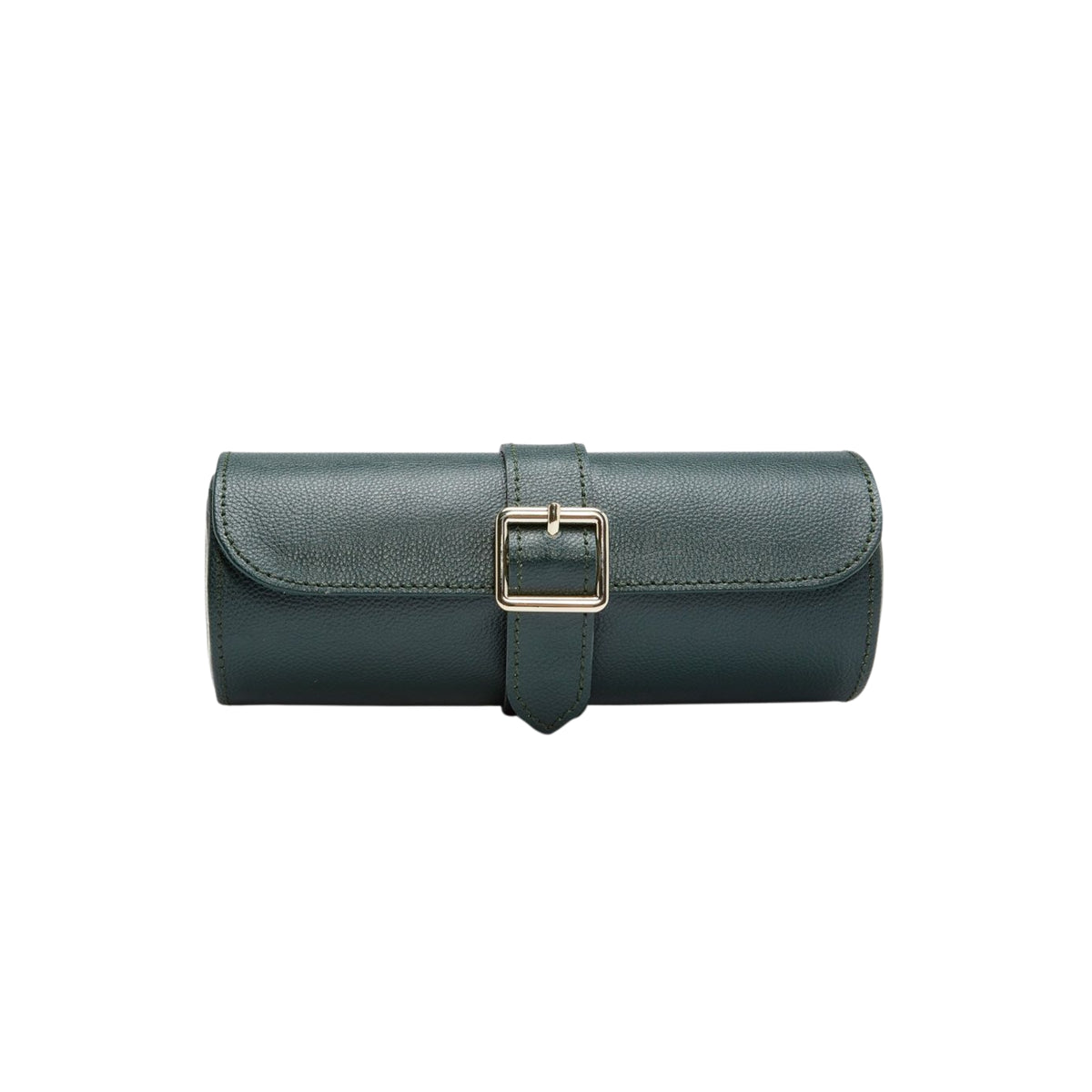 WOLF British Racing Green 792941 front view of closed triple watch roll with central gold pin buckle strap closure