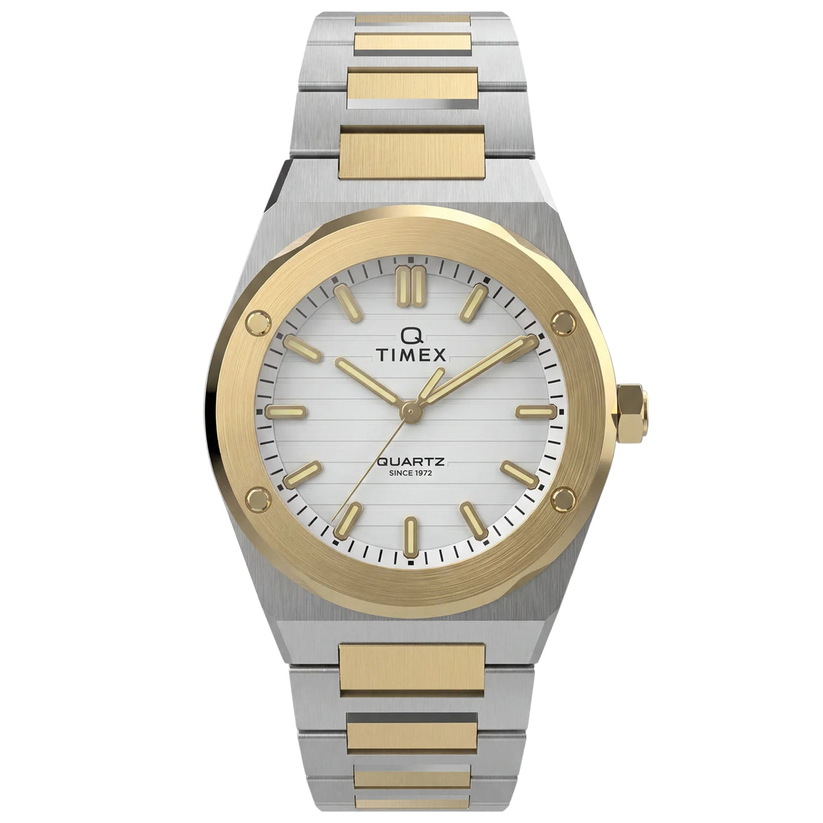 Q Timex Marbella TW2Y81900 front view displaying silver dial with gold-tone bezel, baton indices, and two-tone steel bracelet