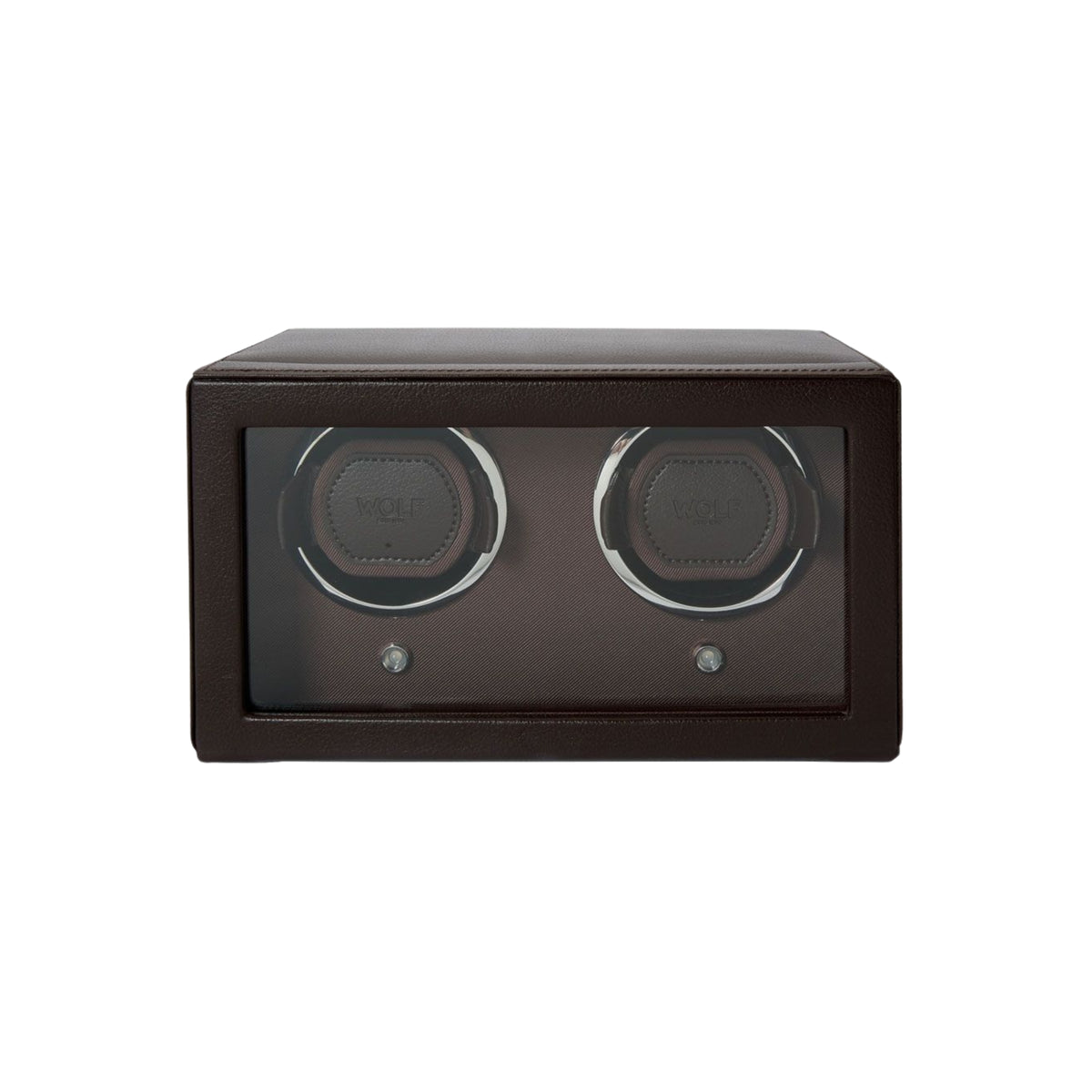 WOLF Cub 461206 front view of closed brown double watch winder with glass viewing cover and twin winder modules