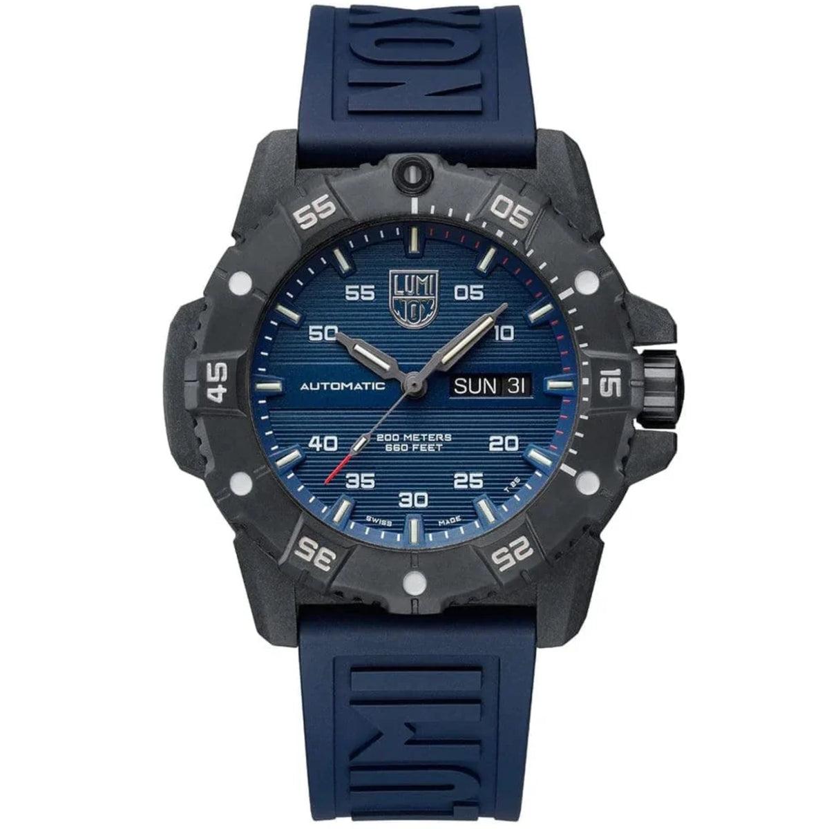 Luminox Master Carbon SEAL XS.3863 automatic dive watch front view showcasing a blue dial with day-date display, black carbon case, rotating bezel, and blue rubber strap