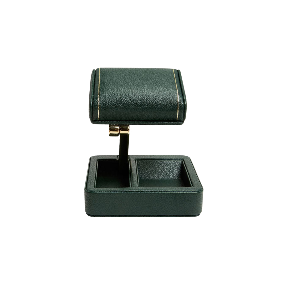 WOLF British Racing Green 485441 front view of extended single travel watch stand with padded cushion top and base tray