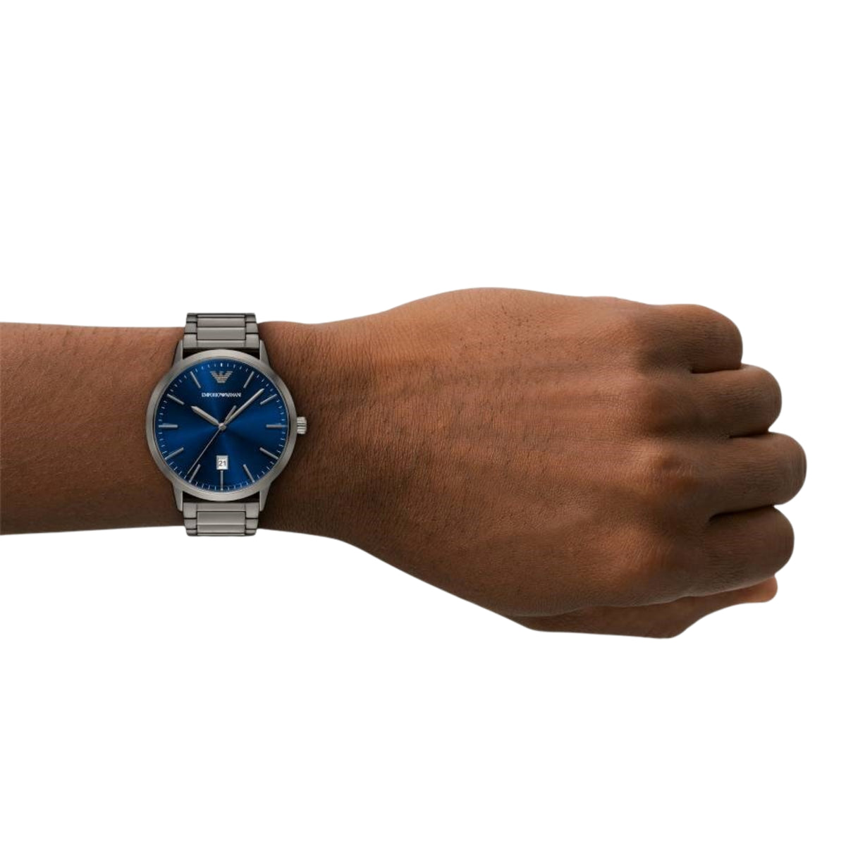 Emporio Armani men's quartz watch on wrist with blue dial and stainless-steel bracelet