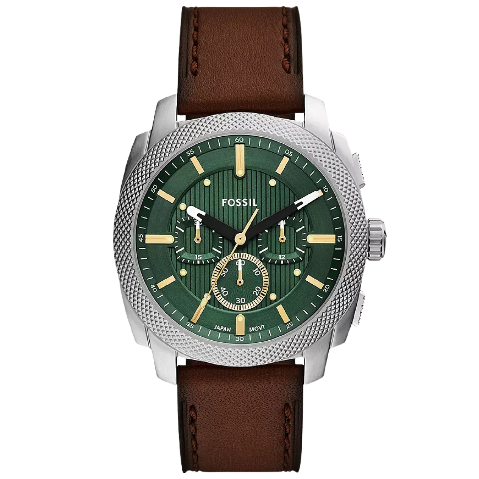 Fossil Machine 44mm Chronograph Green Dial Leather Mens Quartz Watch FS6100