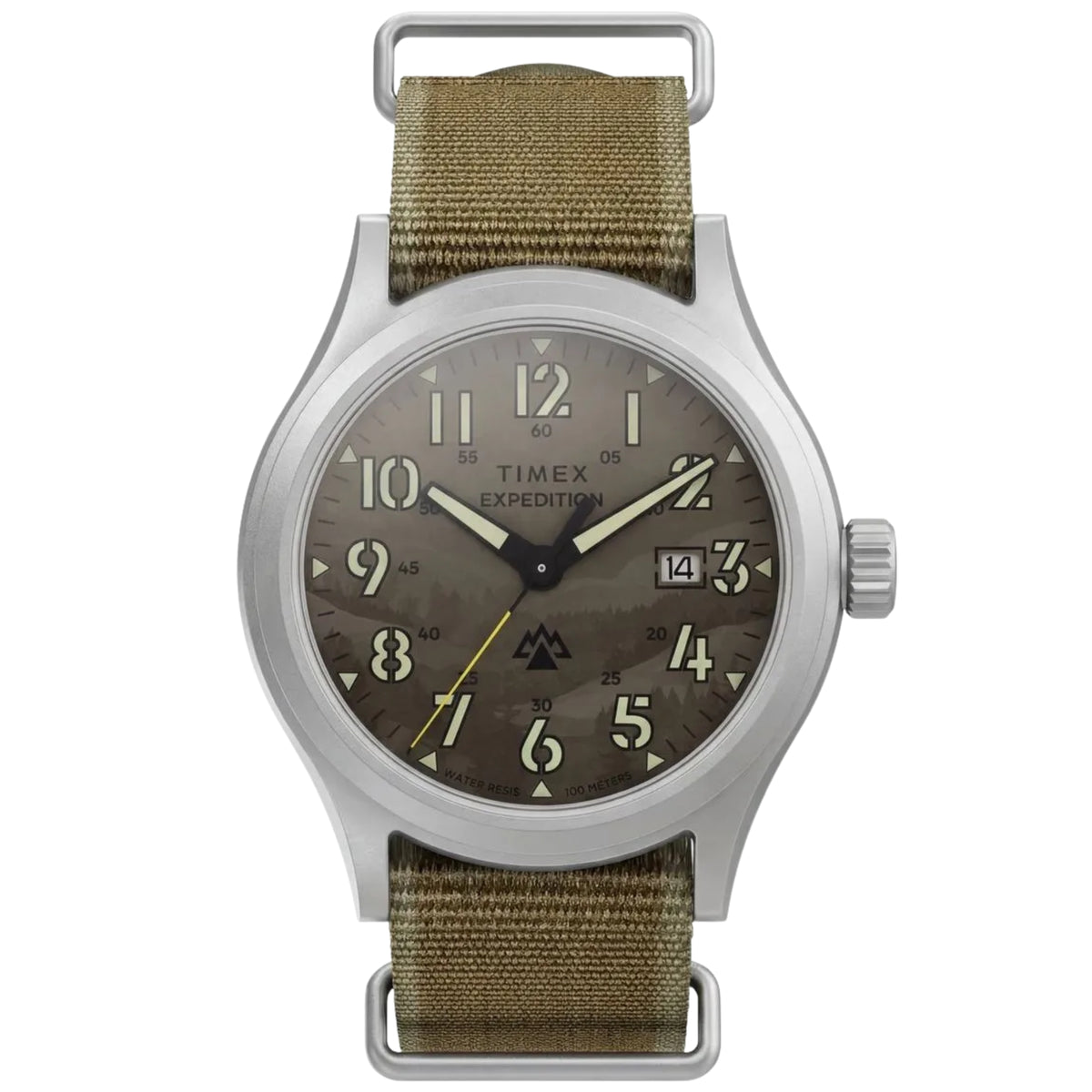Timex Expedition Sierra TW2Y89400 front view displaying brown dial with Arabic numeral markers, date display, and woven fabric strap