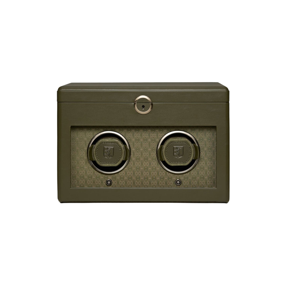 WOLF Earth 190th Anniversary 190441 front view of closed olive double watch winder with glass viewing window and central lock