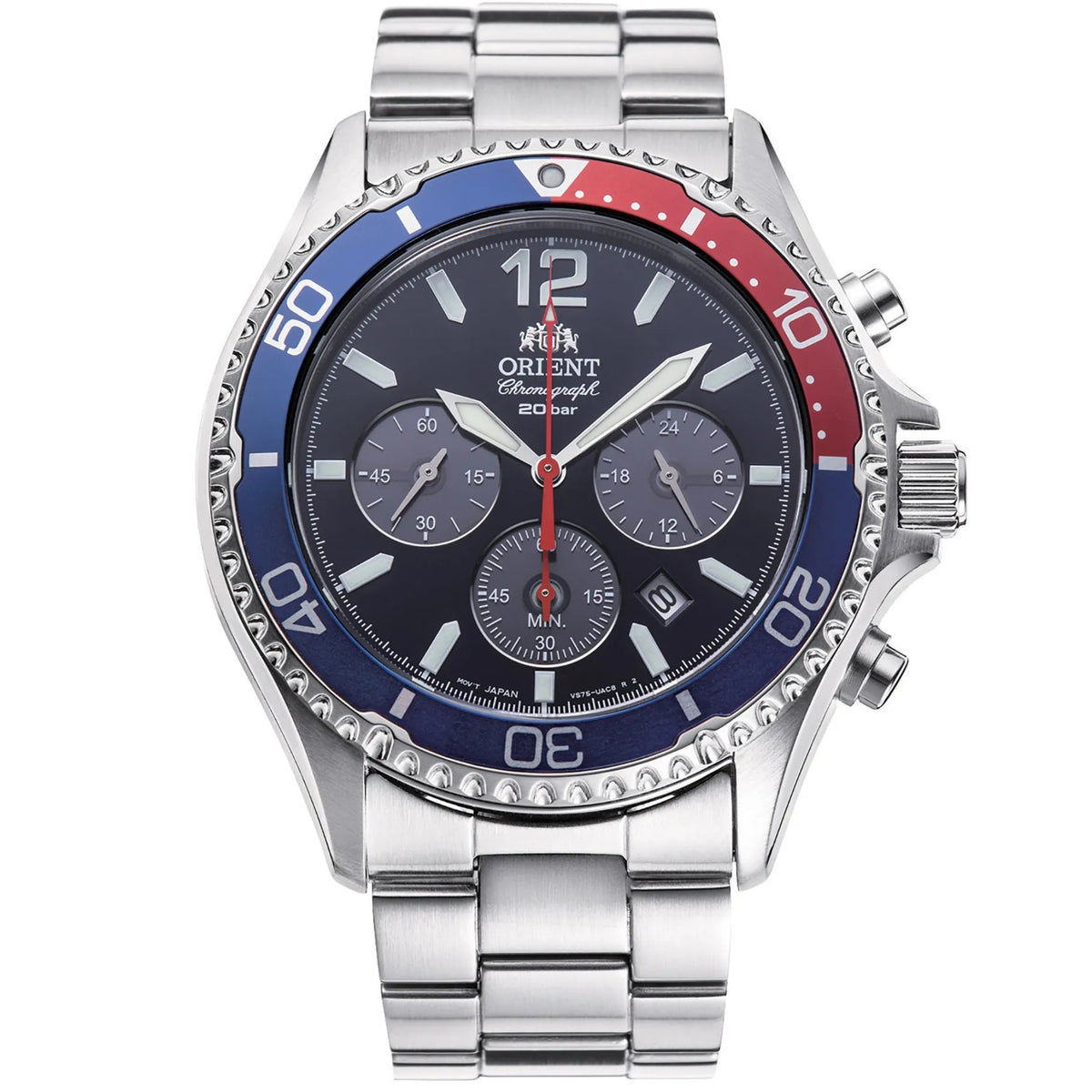 Orient Mako 43mm Chronograph Blue Dial Steel Mens Solar Quartz Watch RA-TX0201L30B