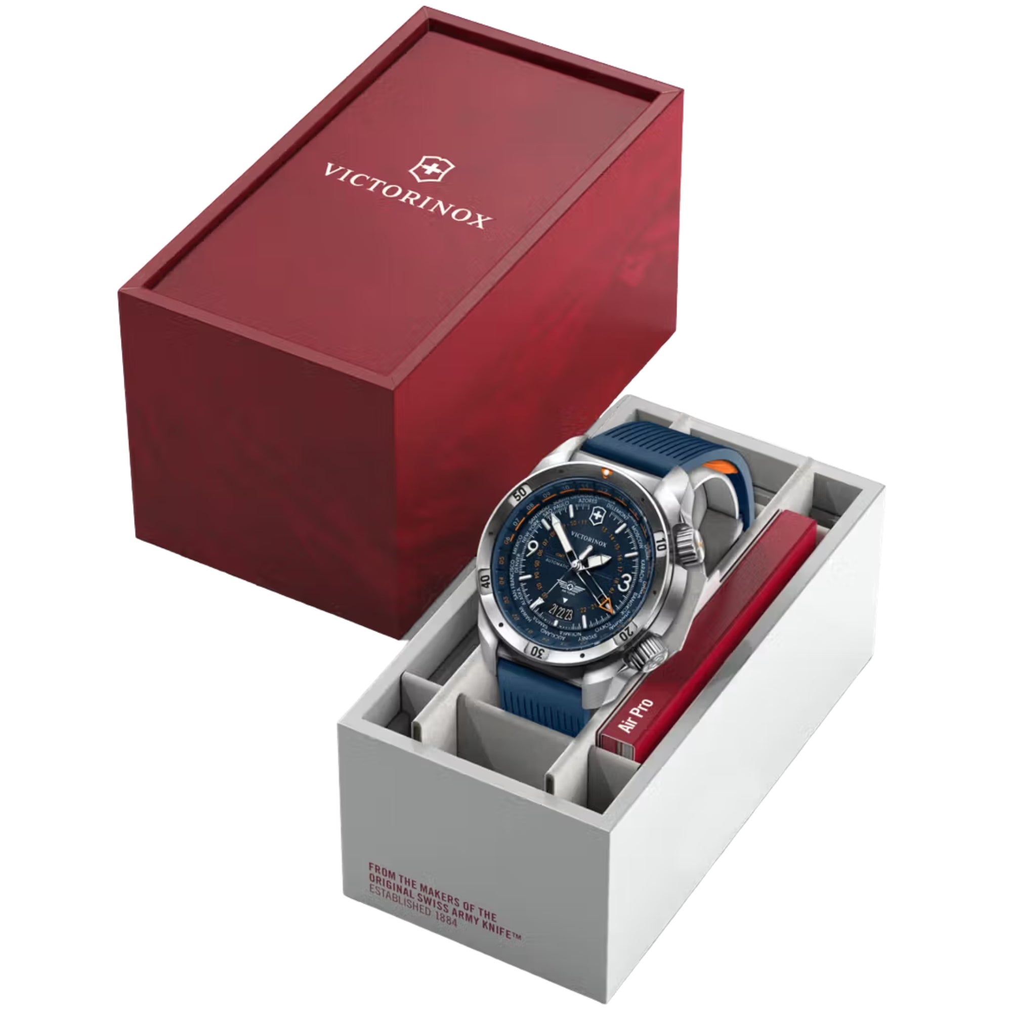 Victorinox Air Pro 242003 43mm GMT Blue Dial Rubber Automatic Watch displayed in luxury red and grey official box packaging