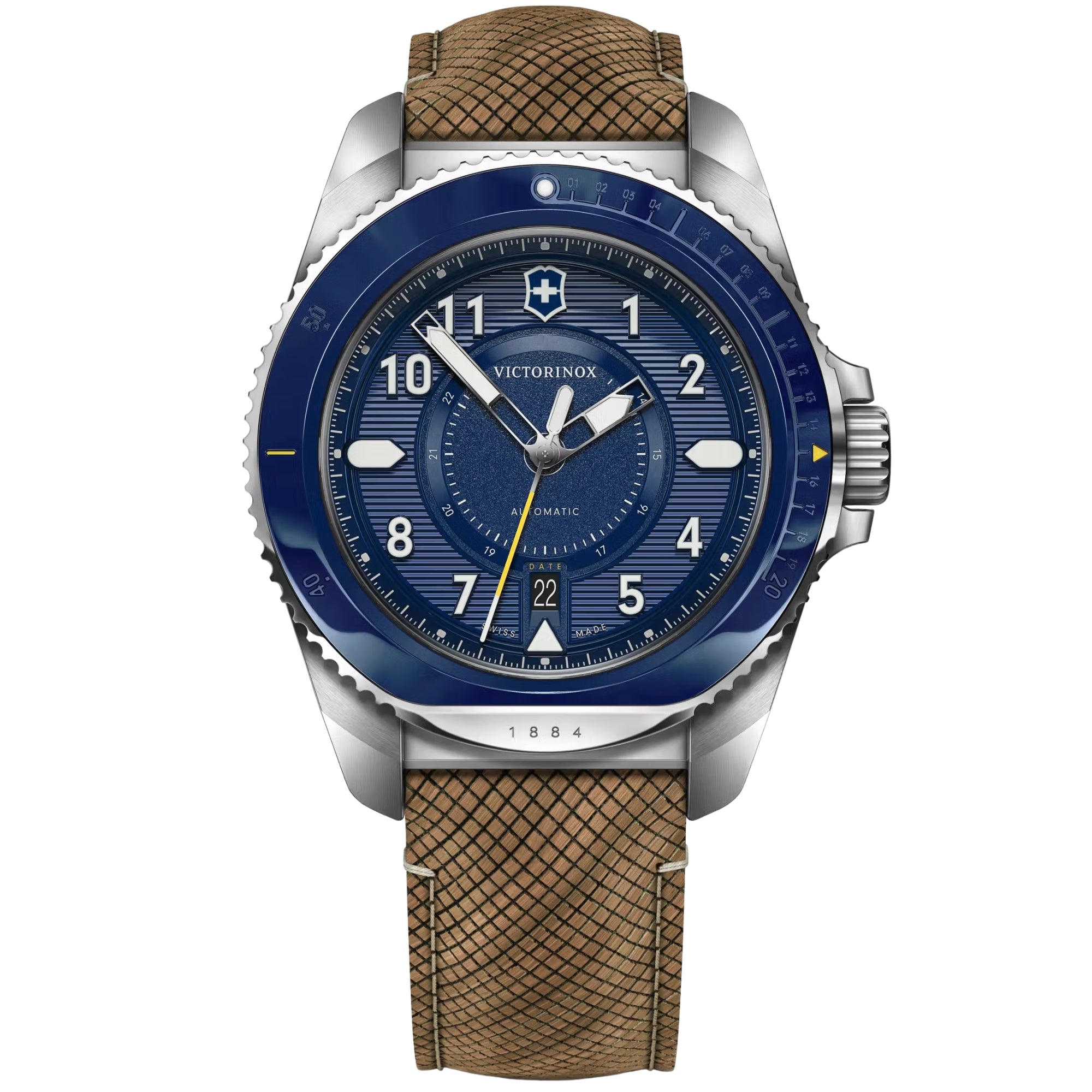 Victorinox Journey 1884 43mm Automatic blue dial wood strap watch 241980.1 front view