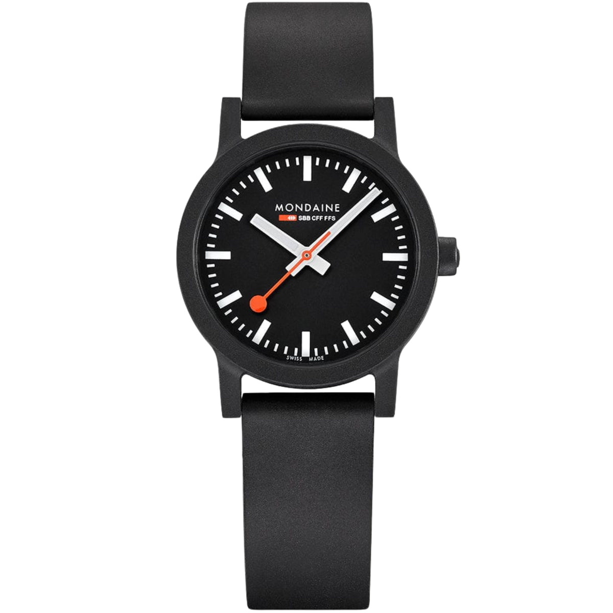 Reloj para mujer Mondaine Essence con esfera negra y correa de caucho MS1.32120.RB