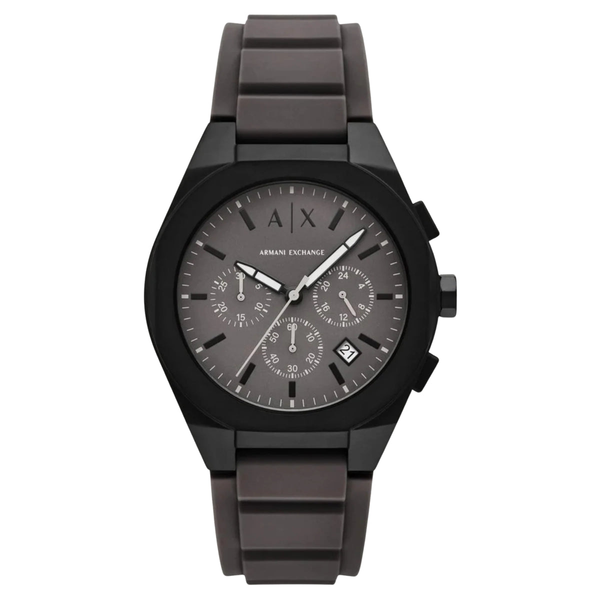 Men's chronograph quartz watch with dark dial, silver indices, and date window