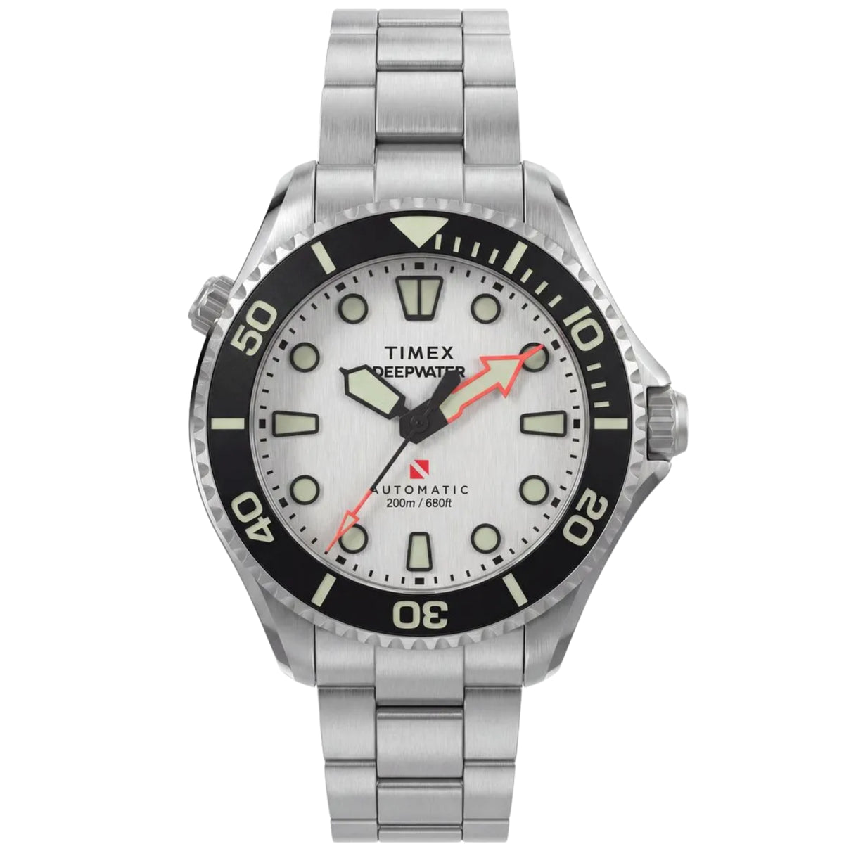 Timex Deepwater Meridian TW3A01600 front view displaying white dial with rotating bezel and steel bracelet
